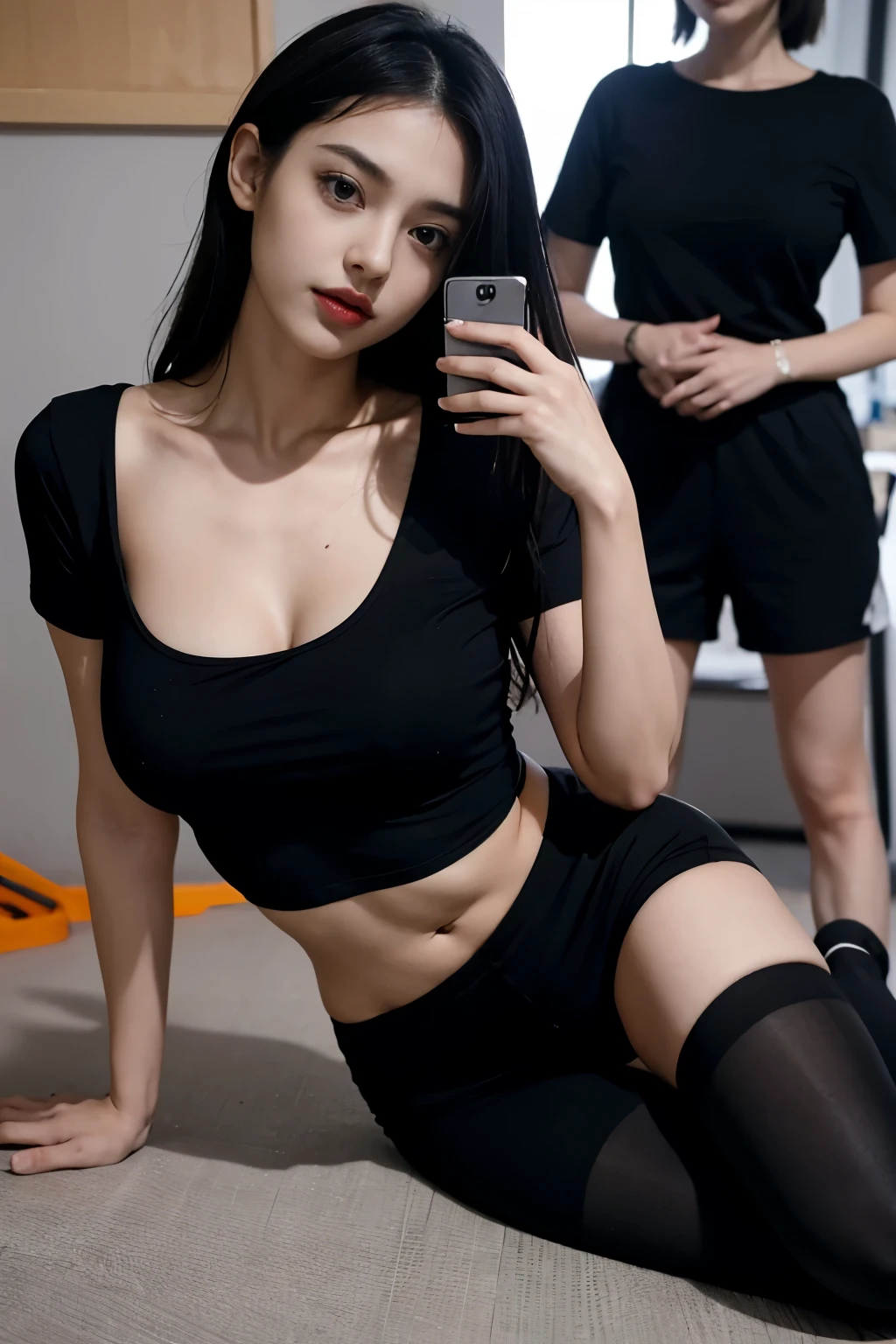 Girl wearing black and tight black clothes taking photo,Full body female love,legs are open,Paired with a short T-shirt、bra,slim,bigger bust,slim的女孩模型,24 year old female model,lying on construction site,A group of black people gathered around
