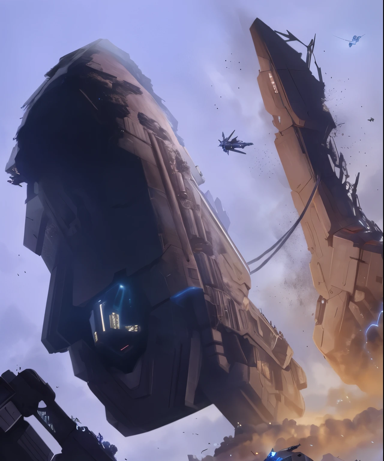 Spaceship flies over a city with sky background, inspired by spars, sparth style, by spars, Nicolas Bouvier Spars, High quality digital concept art, science fiction illustration, Spaceship in space in ruins, award winning science fiction art, science fiction art, star citizen digital art, Sci-fi digital art illustration, Bastien Grevi, Dreadnought，Technology background。