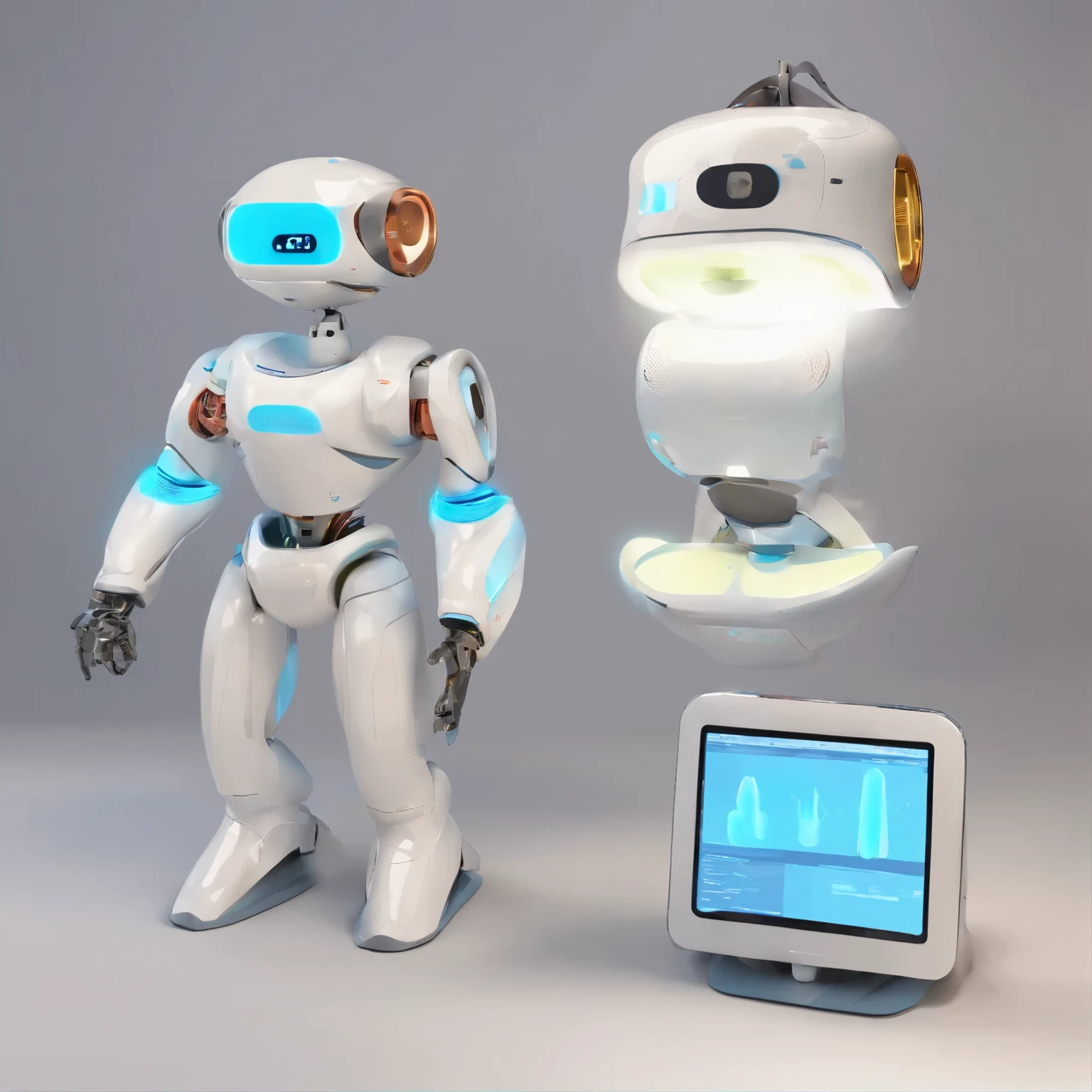 The AI-powered healthcare robot boasts an ergonomic and futuristic design. Its body is crafted from lightweight yet sturdy materials, enabling smooth and swift movement within healthcare environments. Equipped with an array of sensors distributed throughout its body, including vision cameras, microphones, temperature sensors, heart rate monitors, and more.The robot's head features an interactive touchscreen display, allowing patients or healthcare providers to interact directly with it. Its eyes can change colors to indicate operational status, such as blue for readiness or green to signify information dissemination.This robot possesses flexible and agile arms equipped with various medical tools such as blood pressure monitors, electronic stethoscopes, or even devices for administering injections. Storage compartments for medications or other small medical equipment are integrated into its body.Furthermore, the robot is outfitted with speakers and microphones, enabling it to communicate with a friendly and human-like voice. It can respond to voice commands, answer questions, and provide medical instructions clearly and accurately.With its ergonomic design and advanced features, this AI-powered healthcare robot becomes an invaluable partner in modern healthcare, assisting in improving patients' quality of life and enhancing overall healthcare service efficiency.