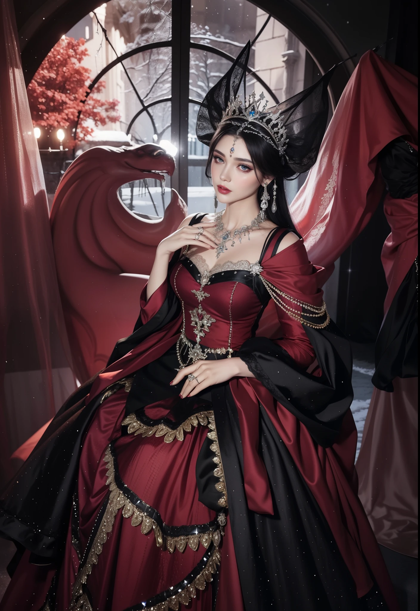 Royal sister，exquisite eyes，Detailed facial expressions body，tall figure，Leg length，4k，HD，translucent lace，Fair and plump figure，pretty face，Little cherry mouth，beautiful and delicious（3D royal sister），exquisite dress，Wear crystal jewelry，Gorgeous crystal gems，Gem and jewelry crown，The color of the picture is very bright，Gorgeous ice and snow princess，Long skirt dress，goth queen