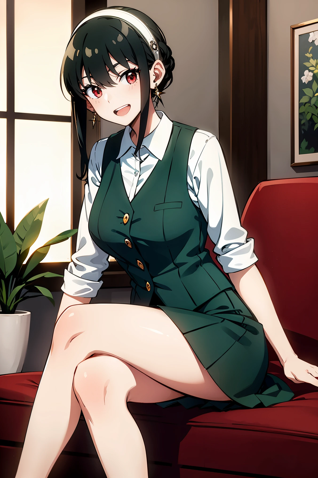 masterpiece, yor, 1girl, solo, looking at viewer, open mouth, black hair, red eyes, jewelry, sidelocks, hairband, earrings, indoors,arms behind back, plant, short hair with long locks, white hairband, big side hair, very long side hair,smile,(sitting),BREAK white shirt,green vest,green skirt,black highheels,office lady,
