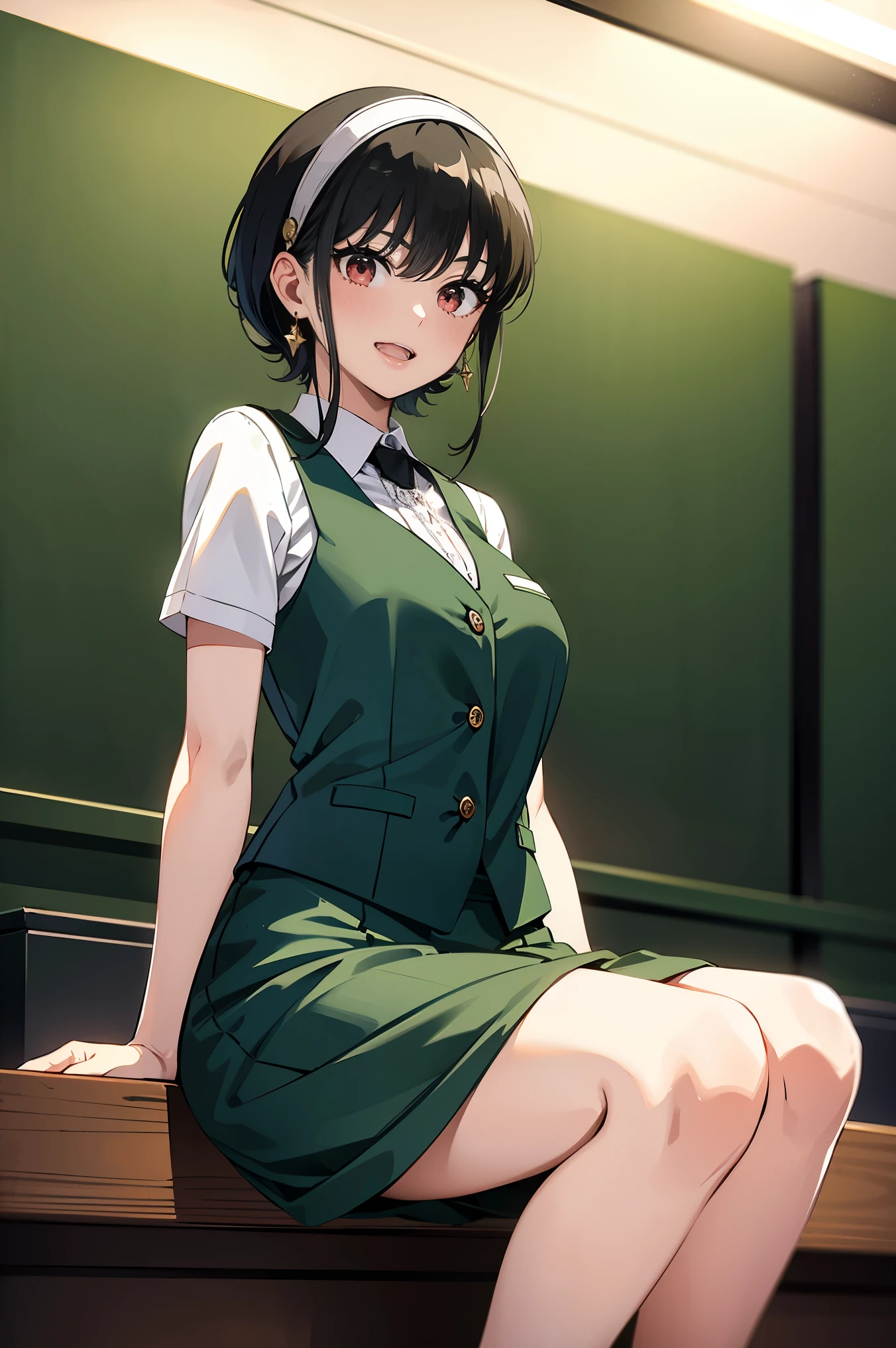 masterpiece, yor, 1girl, solo, looking at viewer, open mouth, black hair, red eyes, jewelry, sidelocks, hairband, earrings, indoors,arms behind back, plant, short hair with long locks, white hairband, big side hair, very long side hair,smile,(sitting),BREAK white shirt,green vest,green skirt,black highheels,office lady,