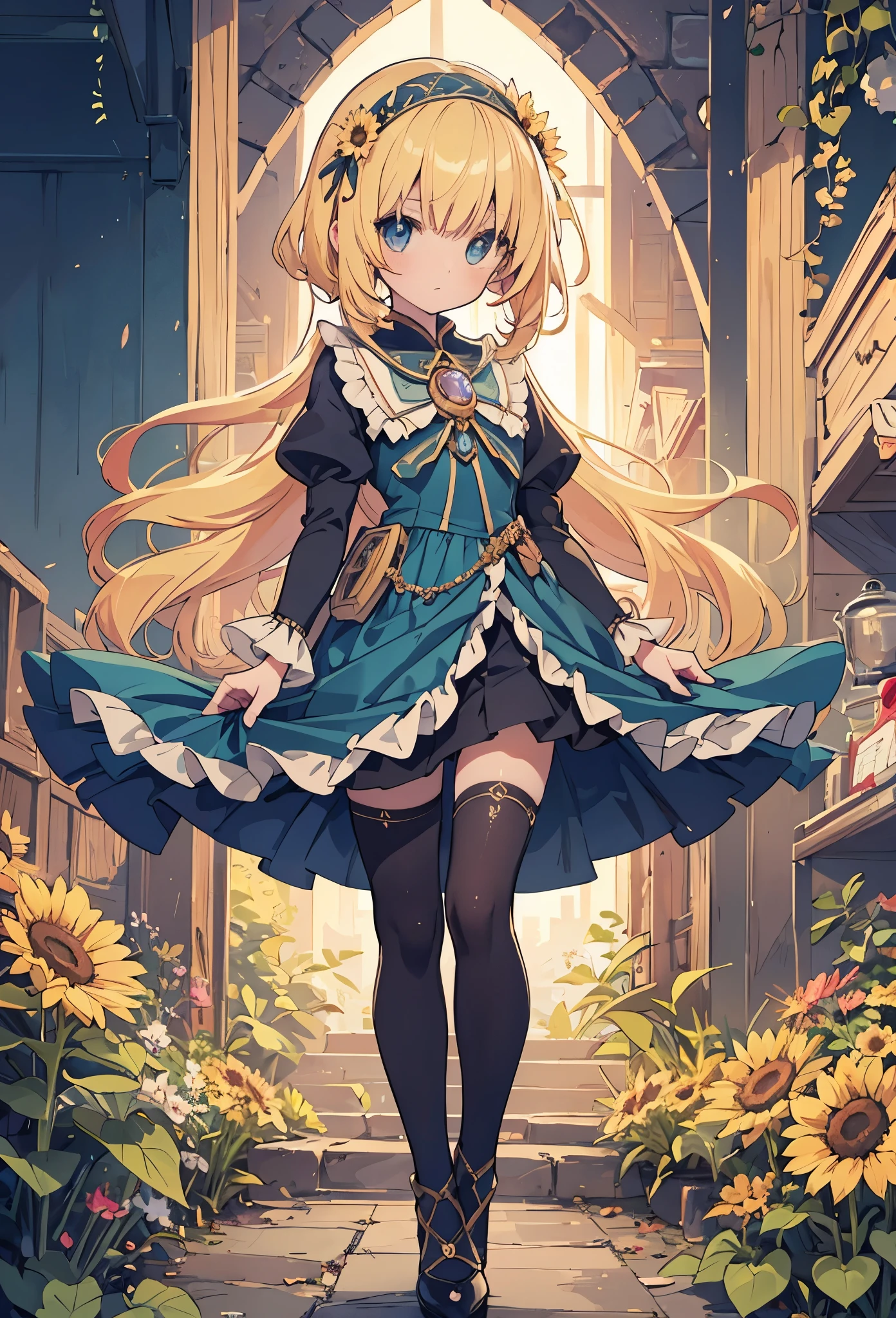 ((Highly accurate drawing in every detail)Extremely precise depiction)[High resolution],(detailed illustrations,Very detailed and precise drawing,Delicate drawn lines with tempo,Realistic texture expression),[color traced main line],[midsummer park [Lakeside]],(anime Girl (Pretty) 15 years old) (light yellow hair [curly hair]) ((Magical girl)[Idol]),([sunflower flower]headband) (long cape [tiered dress] (puff sleeves) [Lace Ruffled Ribbon] [silk fabric]),transparency [soft ambient light] gravure [Colorful],(intricate and beautiful decoration [Dense detail]),(Fine and beautiful skin expression [transparency]),((Precisely drawn eyes))[完璧な目のdetailed((Beautiful eyes like jewels)Iris drawn in precise detail)[clearly drawn pupils]],[eye light[Pinpoint lighting for the eyes]],[long and beautiful eyelashes],[precisely drawn hair [美しく艷やかな髪のdetailed]],(完璧な手のdetailed [Beautiful fingers with no damage [beautiful nails]]),(perfect anatomy(perfectly balanced proportions))[[full body portrait]],[ideal color coordination(Accurate simulation of light and material interactions)],([precision detail](detailed,High definition)),[[pale and gentle colors]][Visual art that tells a story].