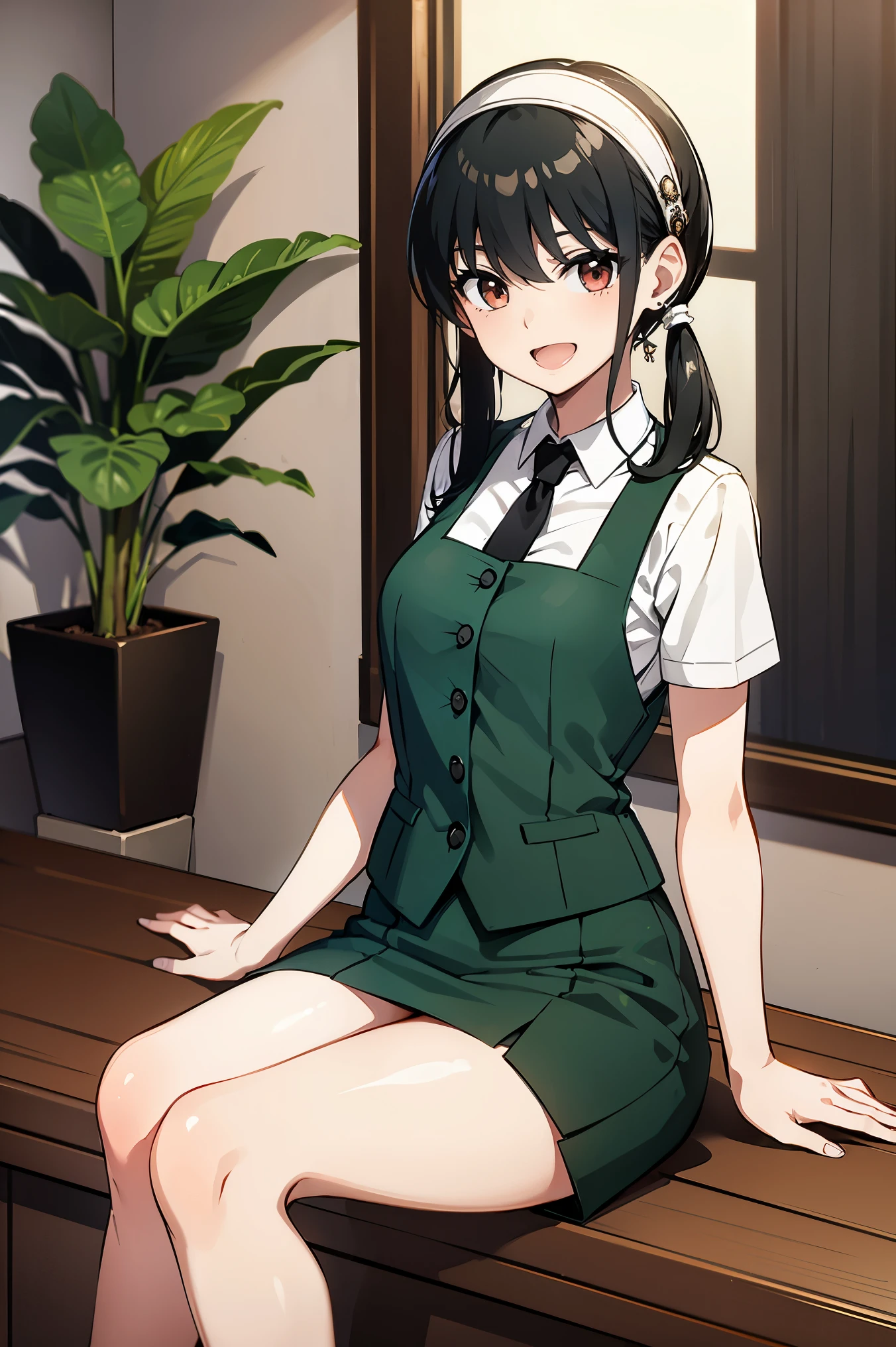 masterpiece, yor, 1girl, solo, looking at viewer, open mouth, black hair, red eyes, jewelry, sidelocks, hairband, earrings, indoors,arms behind back, plant, short hair with long locks, white hairband, big side hair, very long side hair,smile,(sitting),BREAK white shirt,green vest,green skirt,black highheels,office lady,