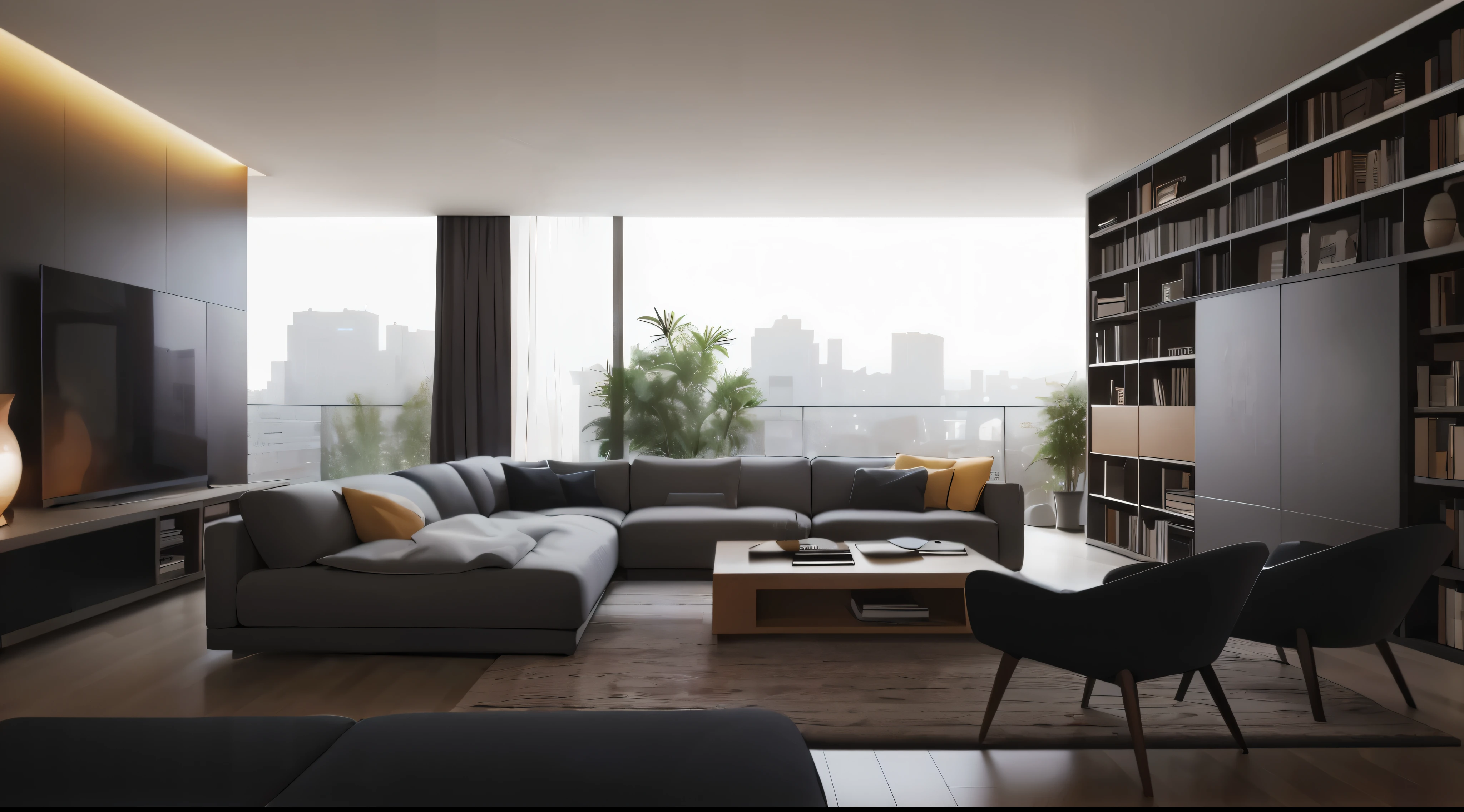 arafed living room with a couch, Chair, Coffee table and bookshelf, modern living room, living room, architectural visualization, Floor-to-ceiling windows, Inside modern apartment, cozy contemporary living room, city apartment, Highly photographic rendering, Photorealistic rendering, detailed architectural visualization render, Architectural renderings, sparse field, architectural visualization, interior living room