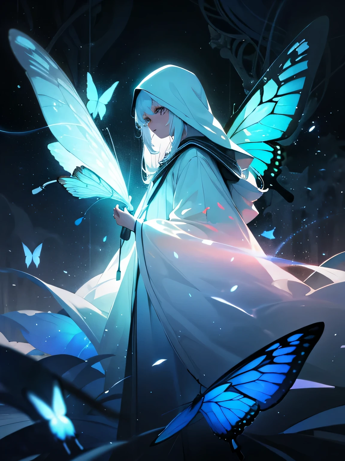 A girl with long white hair, wearing a large white hood, is standing in front of the camera. She has no visible face, but her features are hidden behind a swarm of colorful butterflies. The girl is surrounded by a cloudy background, almost blending into the ethereal landscape. Her presence is enhanced by a radiant blue aura emanating from her being. The image is of the highest quality, with a resolution of 4k or 8k, showcasing ultra-detailed elements. The artwork is crafted with a photorealistic style, capturing every subtle detail. The color palette is dominated by soft, pastel tones, creating a dreamlike atmosphere. The lighting in the scene is delicate, casting a gentle glow on the girl and accentuating the mystical ambiance.