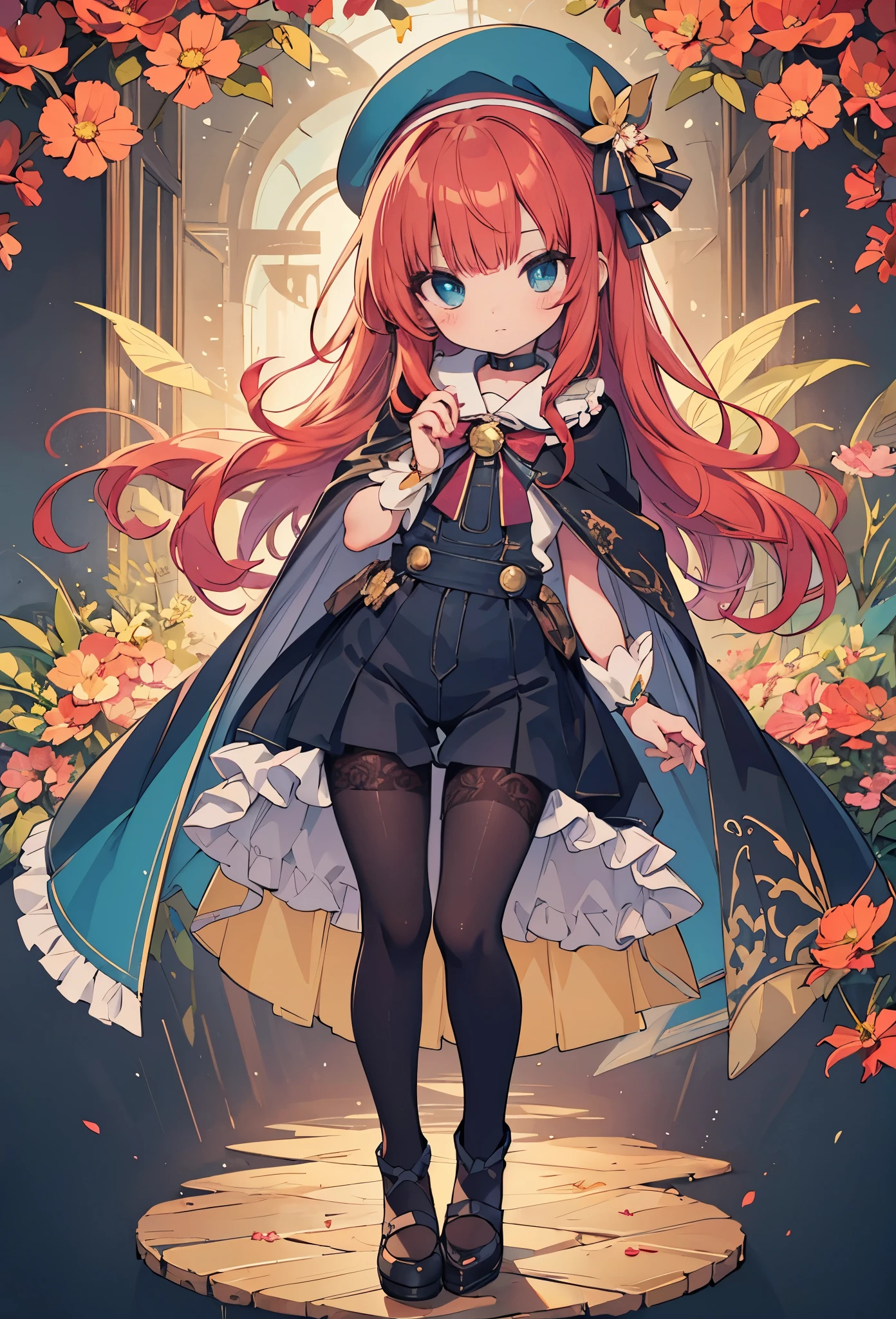 ((Highly accurate drawing in every detail)Extremely precise depiction)[High resolution],(detailed illustrations,Very detailed and precise drawing,Delicate drawn lines with tempo,Realistic texture expression),[color traced main line],[autumn park [tree-lined avenue](autumn leaves)],[HENTAI] kawaii ((anime) tareme Girl (Pretty) 14 years old [SKINNY [big breasts]]) (red hair [middle parted bangs [hair tied up]]) ((Magical girl)[Idol]),((Cosmos flower) beret) (High collar cape (race (frills) ribbon) [overalls] [color stockings] [Stall] [silk fabric]),transparency [soft ambient light] gravure [[Sadness]][Colorful],(intricate and beautiful decoration [Dense detail]),(Fine and beautiful skin expression [transparency]),((Precisely drawn eyes))[完璧な目のdetailed((Beautiful eyes like jewels)Iris drawn in precise detail)[clearly drawn pupils]],[eye light[Pinpoint lighting for the eyes]],[long and beautiful eyelashes],[precisely drawn hair [美しく艷やかな髪のdetailed]],(完璧な手のdetailed [Beautiful fingers with no damage [beautiful nails]]),(perfect anatomy(perfectly balanced proportions))[[full body portrait]],[ideal color coordination(Accurate simulation of light and material interactions)],([precision detail](detailed,High definition)),[[pale and gentle colors]][Visual art that tells a story] [[natural eros]].
