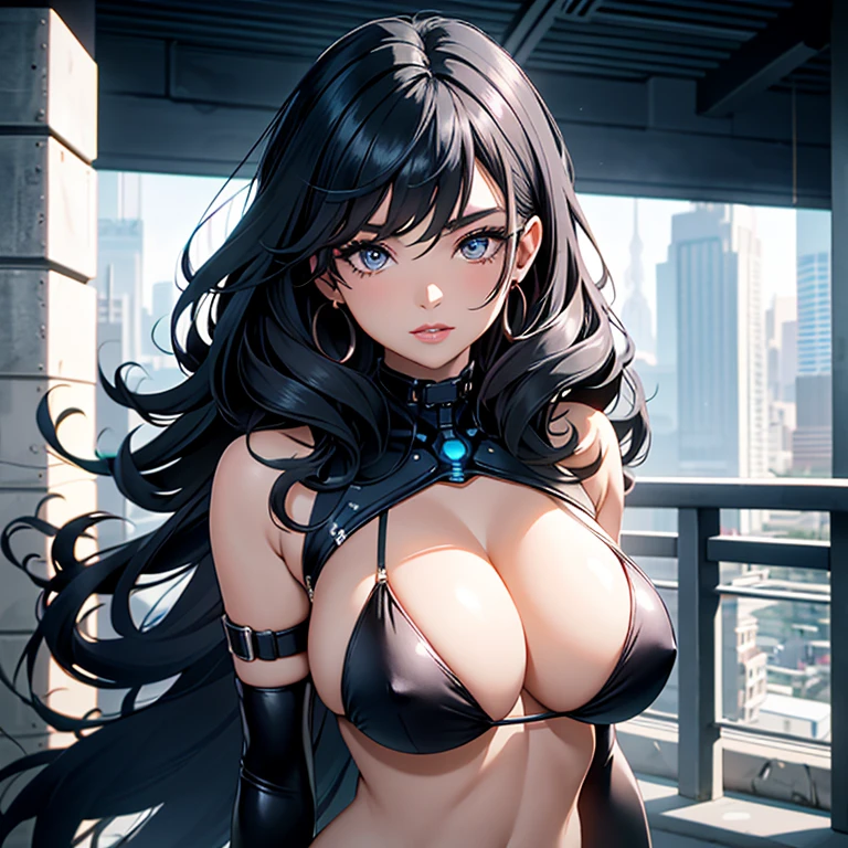 Meet Aisha, a breathtakingly beautiful woman with wavy black hair, cascading down to her shoulders in soft curls. Her large, captivating eyes, a striking contrast of bright blue, gaze intently at the world around her. Aisha effortlessly dons a cyberpunk-style micro bikini, the red fabric clinging to her toned figure, highlighting her radiant skin. Atop her head rests a sleek cap, its edges adorned with shimmering pink accents, shading her eyes from the bustling cityscape. Her confidence and poise exude an aura of mystery and allure as she explores the vibrant world around her, her