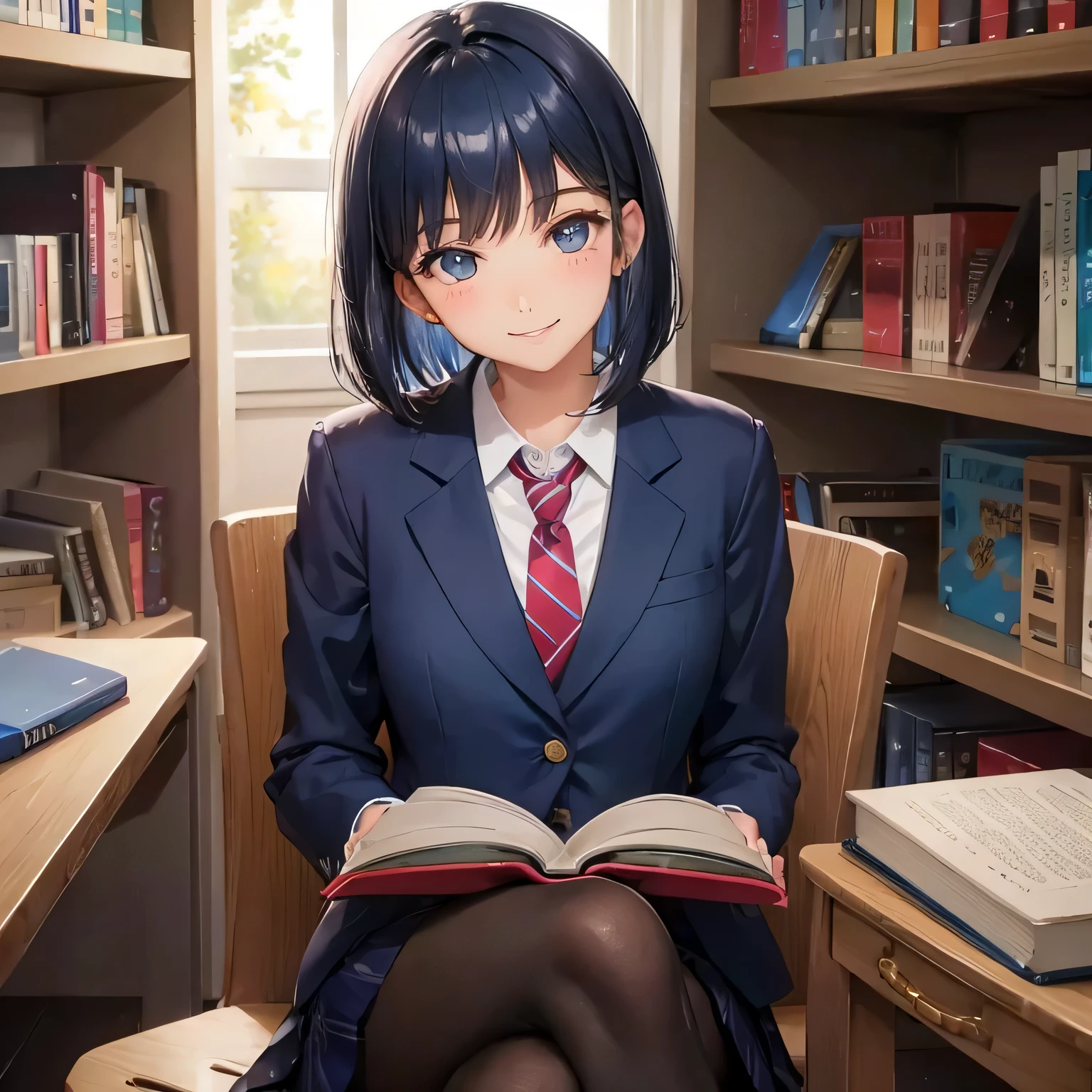 high school girl blazer tie bob hair dark blue hair color library smile gently sit on a chair bookshelf