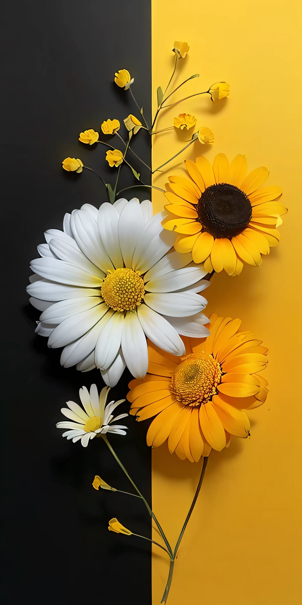 a close up of a yellow and white flower on a black and yellow background, black and yellow colors, yellow colors, yellow colours, shades of yellow, white and yellow scheme, yellow and black, black and yellow, yellow and black color scheme, black and white colors, yellow theme, yellow flowers, daisies, black and yellow color scheme, beautiful flowers