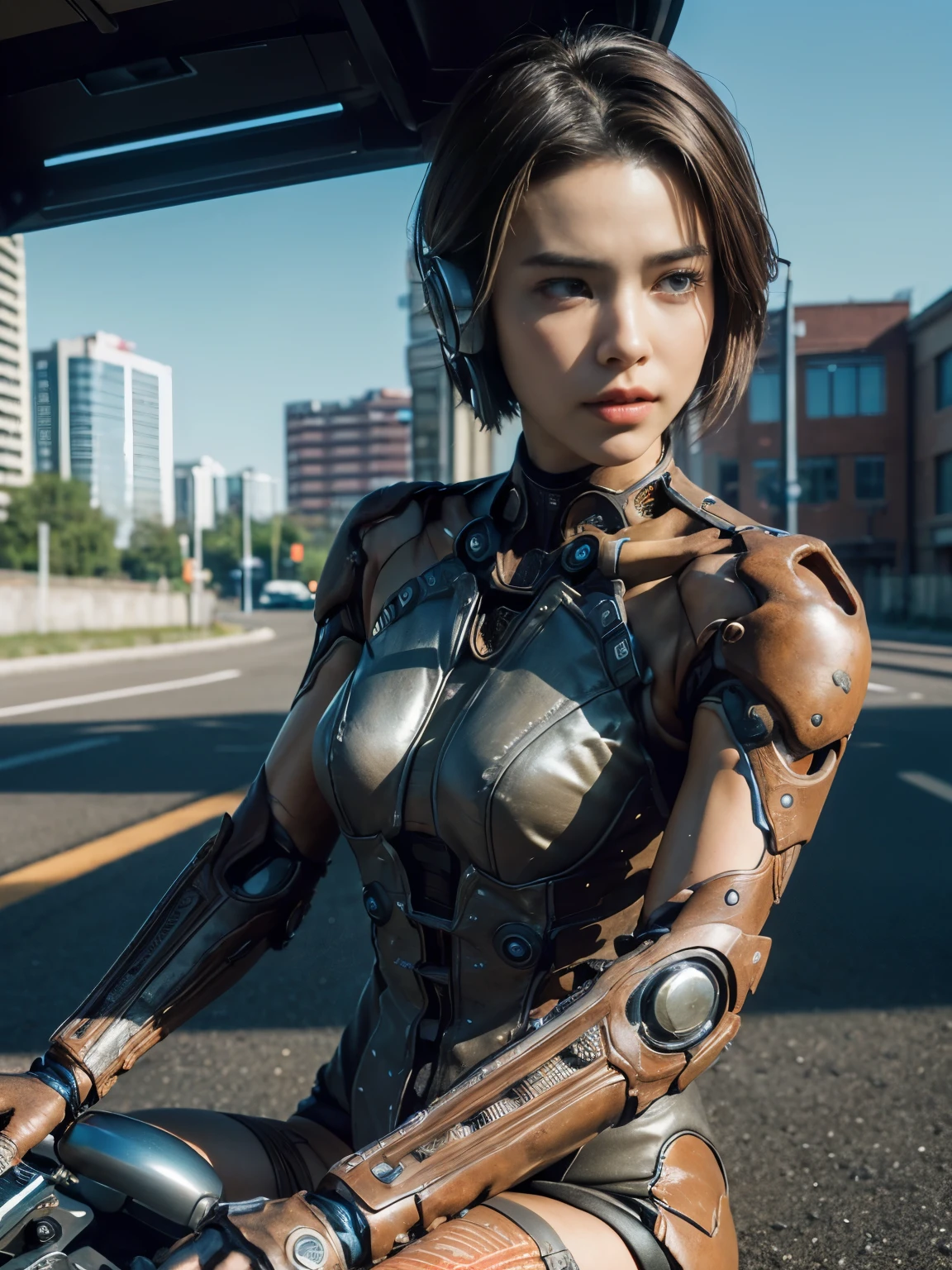 (((A woman with a mechanized body))), dynamic podium: 1.3), (realistic:1.5), (realistic:1.4), 8k, Super detailed beautiful girl, 1 girl, (a sunny day:1.5), intricate body details, (short: 1.3), (highest quality: 1.0), (Super high sharpness: 1.0), (thin hair:1.4),（Beautiful and delicate depiction of eyes）,((((ride a motorcycle)))),unreal engine:1.4,photorealistic:1.4, skin texture:1.4, masterpiece:1.8,highest quality at best,(Wearing the communication headset、future city、((cybernetics))、Red-brown、metal fingers、long limbs、((gears in joints))