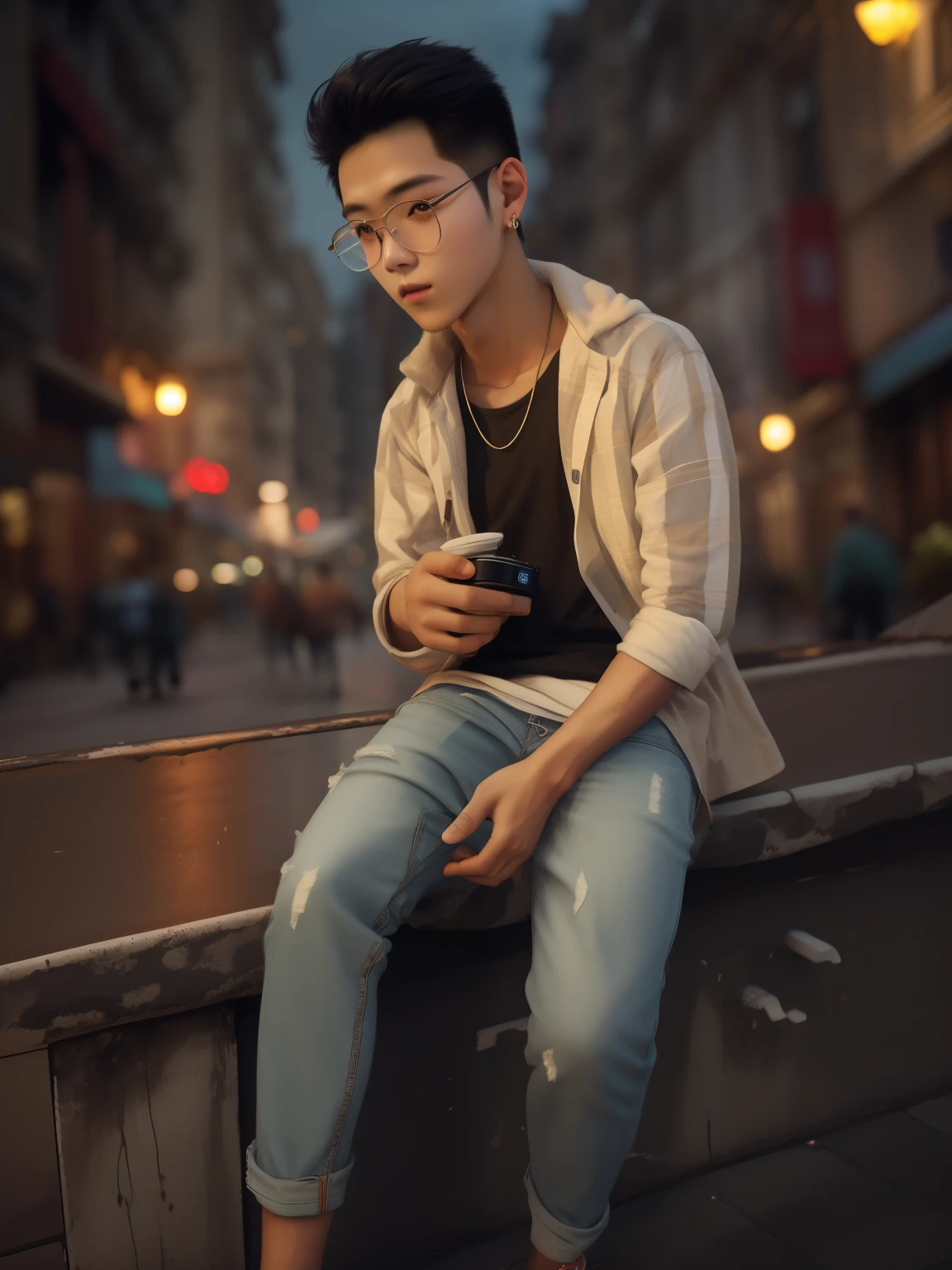 RAW photo, a portrait photo of 21 y.o man in casual clothes, night, city street, (high detailed skin:1.2), 8k uhd, dslr, soft lighting, high quality, film grain, Fujifilm XT3
