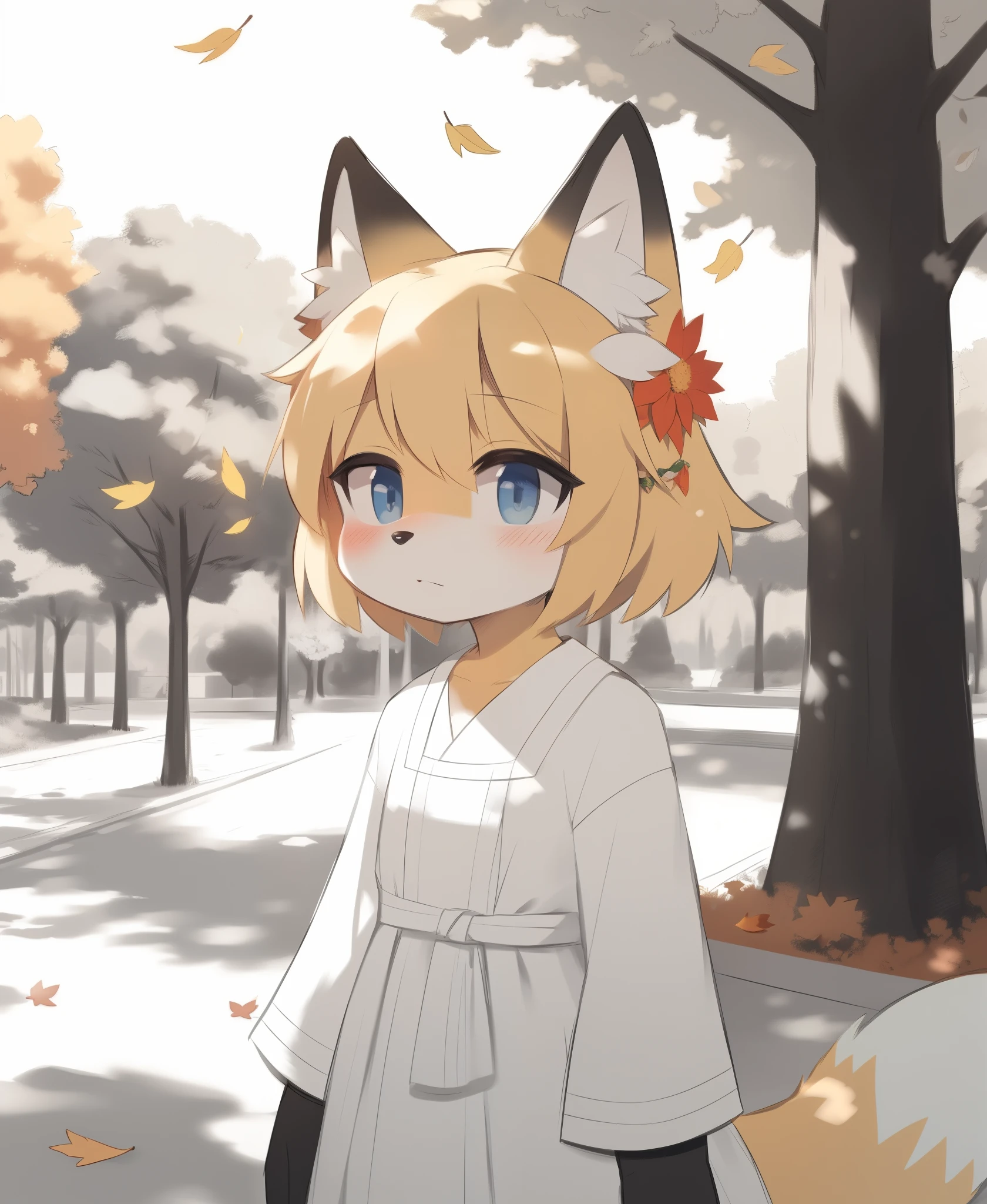 traditional media, monochrome, (black and white:1.2), (sketch:1.3), colored marker cinematic angle, cinematic lighting, masterpiece, best quality, sen, blonde hair, animal ears, fox ears, blush, animal ear fluff, hair ornament, fox girl, hair flower, hair between eyes, short hair, fox tail, tail, flat chest, young girl, autumn, falling leaves, park with trees