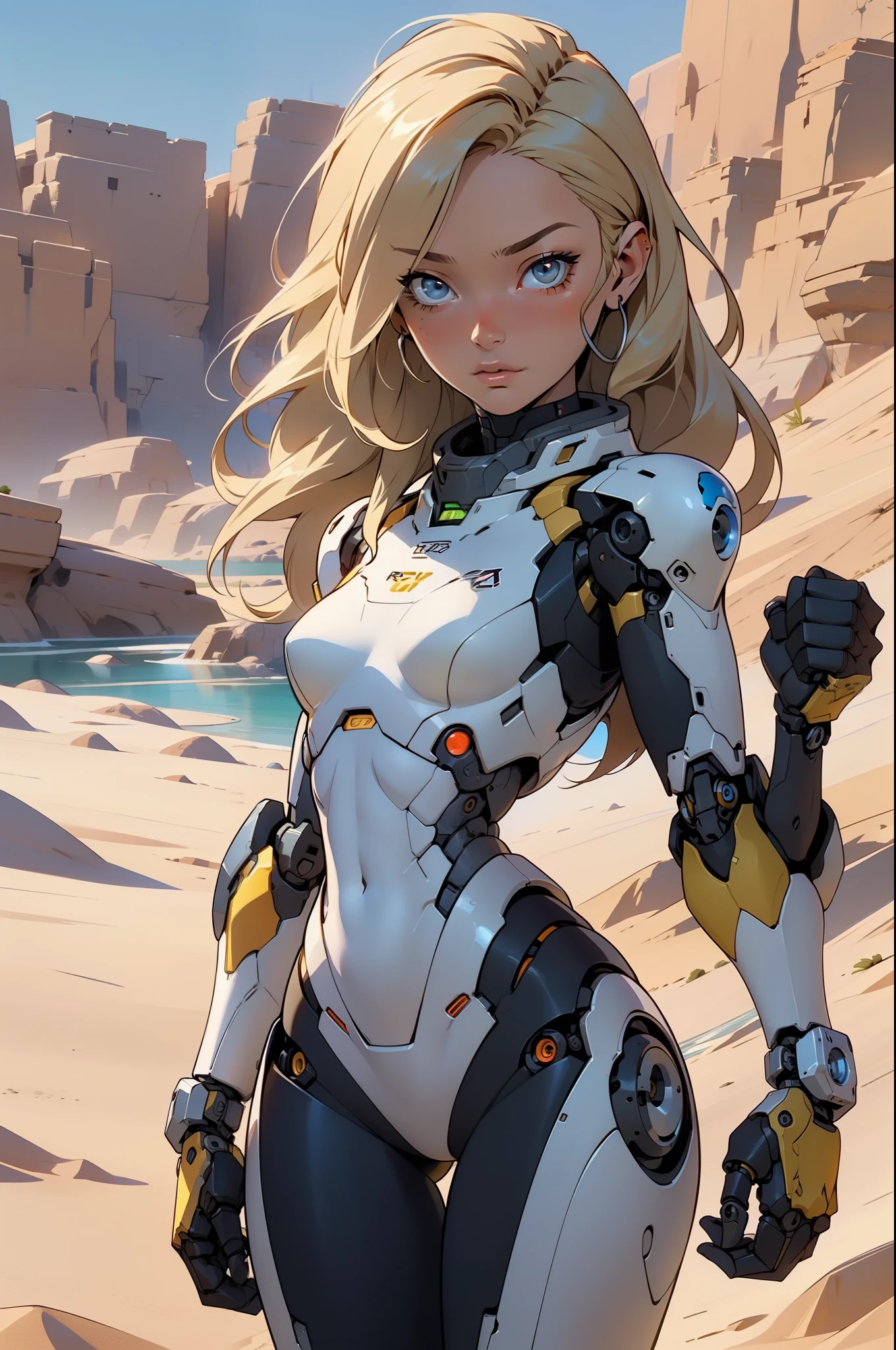 high quality, 4k, masterpiece, beautiful, cyborg girl, cowboy shot, dull eyes, looking at viewer, long blonde hair, girl, small breasts, slim thighs, robotic arms, robotic body, cyborg body, yellow accent, intricate detail, joint, detailed lines, robotic detail, holding fist up, holding hand up as fist, color robotic parts, robotic parts with color, perfect fingers, on a desert planet, sunny background, colorful desert, a river or a lake in the background