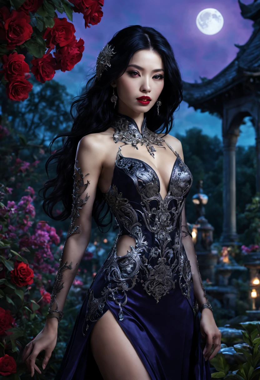 (highres, realistic) A beautiful Asian vampire robot woman stands in a moonlit garden. She has mesmerizing red eyes and perfectly sculpted features. Her long, flowing black hair cascades down her back. She wears an elegant, form-fitting black dress that accentuates her slender figure. The dress is adorned with intricate silver patterns that shimmer in the moonlight.

The garden is filled with vibrant, exotic flowers of various colors - deep reds, purples, and blues. The air is filled with a delicate fragrance, adding to the enchanting atmosphere. In the background, a stone fountain gently trickles, creating a soothing, melodic sound.

Soft moonlight bathes the scene, casting long shadows on the ground. The light illuminates the woman's flawless porcelain skin, giving her an ethereal glow. Her sharp, elongated fangs peek out from her seductive smile, hinting at her otherworldly nature.

As she stands in the garden, she gracefully raises her slender arms, revealing intricate, silver mechanical details on her wrists. Each movement she makes is precise and fluid, showcasing her robot origins.

The overall color palette is dominated by deep, rich hues - midnight blues, velvety purples, and vibrant reds. These colors evoke a sense of mystery and allure, enhancing the vampire theme.

The lighting is dramatic, with soft, diffused moonlight casting shadows and creating depth. The play of light and shadow highlights the woman's angelic beauty and adds a touch of suspense to the scene.

In the background, distant stars twinkle in the night sky, adding to the magical ambiance. The serene, otherworldly setting enhances the woman's enigmatic presence as she stands as a symbol of strength, beauty, and mystery.

With this detailed and evocative prompt, Stable Diffusion will be able to generate a high-quality and visually stunning image of a beautiful Asian vampire robot woman in a moonlit garden.