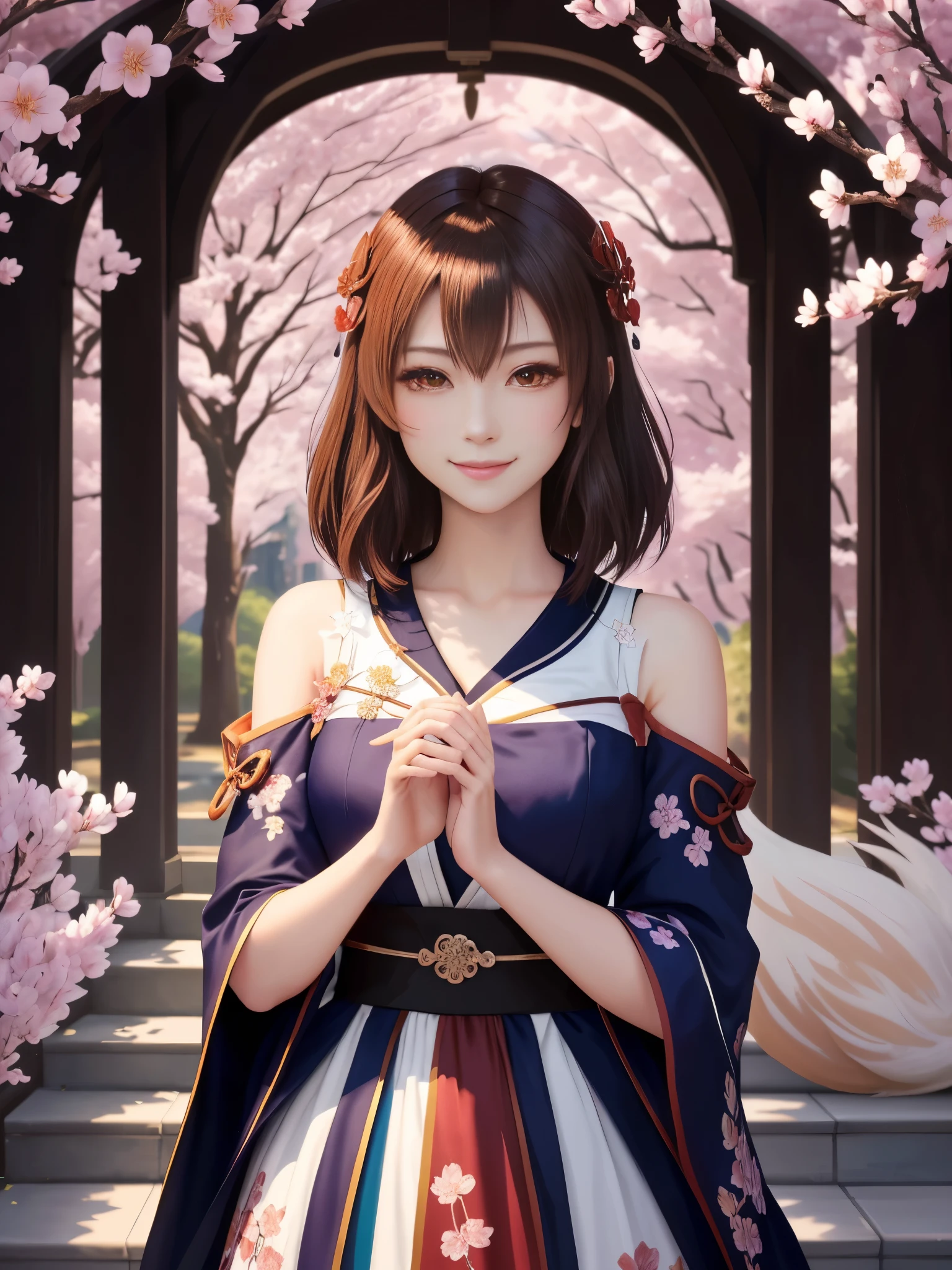 masterpiece , best quality,close up of face,smile,the whole body is facing forward,shoulder exposure,bright brown hair,slender body shape,brown eyes,sharp contrast,short hair,美しいフォルムのshort hair,just one person,precision quality,Faithfully reproduced eyes, 一面に咲くcherry blossom background,masterpiece, 幻想的なcherry blossom background,cherry blossom background,beautiful details, colorful, delicate details, delicate lips, intricate details, genuine, ultrargenuineista, 枝に座っている色とりどりの髪のFoxを持つ女の子:Mature, bright eyes, ,色とりどりのFox, raposa de nine tails, 三尾Fox, 三尾Fox, onmyoji detail art, beautiful fine art illustration, mythical creatures, Fox, beautiful digital art,shrine maiden,hold hands,exquisite digital illustration, mizutsune, Inspired by mythical wild web creatures, pixiv in digital art, shining light, high contrast, Mysterious,