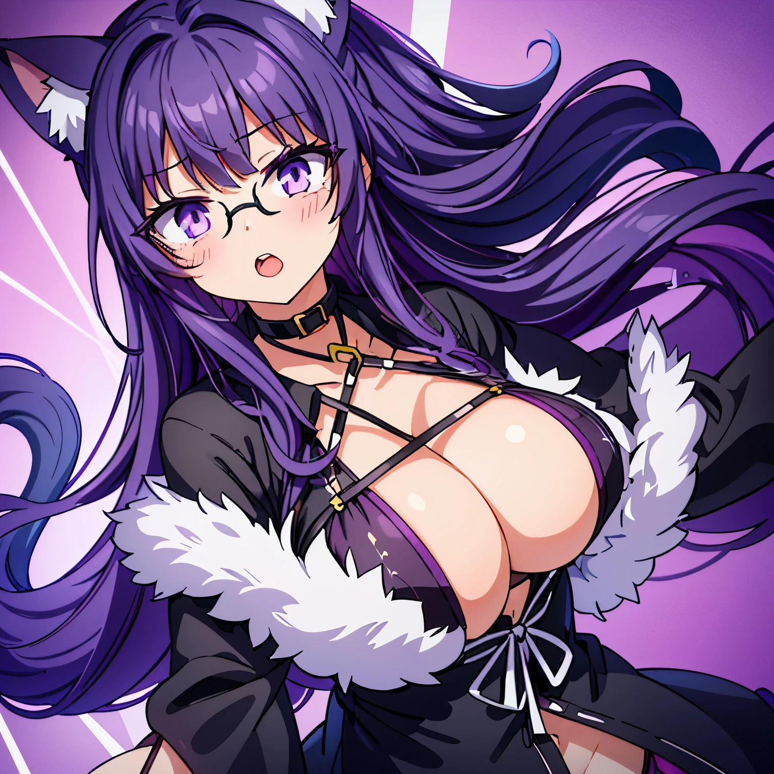 A young woman in her 20s with long black hair with purple tips, light purple eyes, a chest with cat ears and a large, fluffy cat tail. Wears black round glasses and wears a cat bikini."stick out tongue in open mouth,blushing"