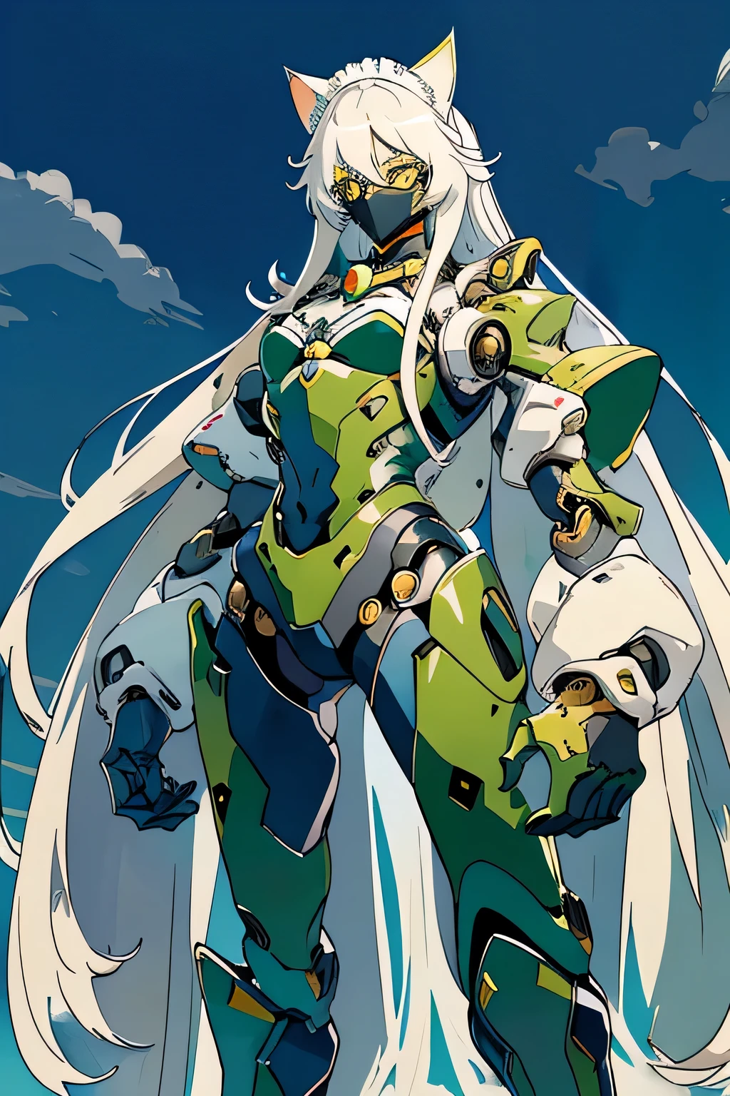 1 Cat-eared maid wearing a mecha suit, Slender fuselage,shining eyes, folded arms pose,camouflage, green and white body,((cat ears long hair)),battlefield concept art ,ink art, flat color, high contrast, fashion absurdity, highest quality, negative space,Against the background of blue sky and white clouds