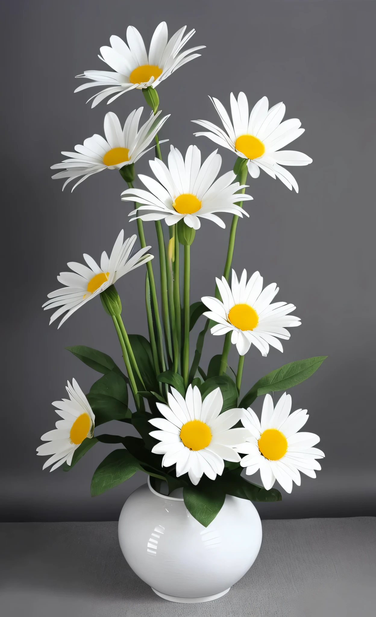 there is a white vase with white and yellow flowers in it, giant daisy flowers head, daisies, head made of giant daisies, giant white daisy flower head, giant white daisy flower face, flowers and stems, giant daisy flower head, giant white daisy flower as head, daisy, i dream of a vase flowers, tall flowers, incredibly realistic, flowers with very long petals