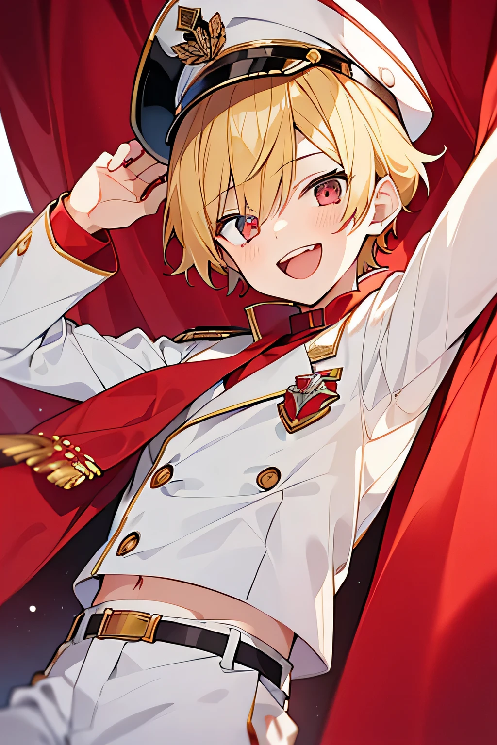 (high-quality, breathtaking),(expressive eyes, perfect face), 1boy, male, solo, short, young boy, short yellow hair, red eyes, laugh, white suit, sea captain hat, red curtains, party, dance