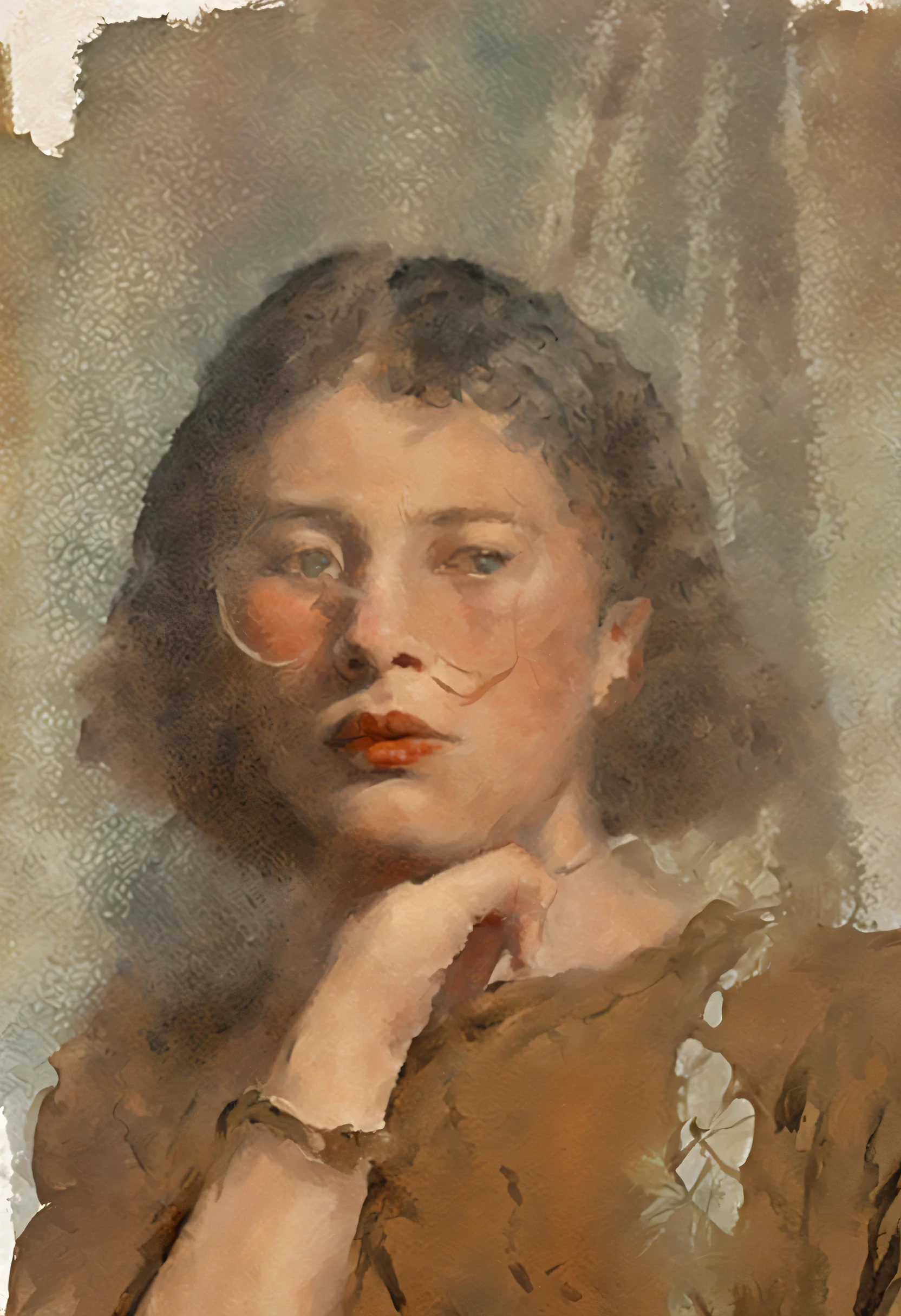 An old painting of a woman wearing a brown dress, impressionist style, retro, foggy forest, close to face, close up, face only, woman with tanned skin, brown eyes, brown skin, colorful pallete, browned skin, brunette girl