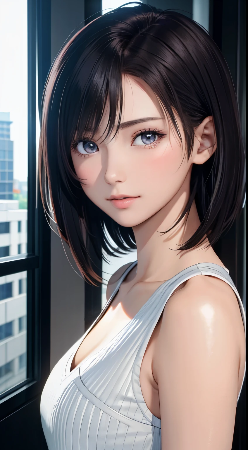 highest quality, ultra high resolution,  beautiful Eyes, very short hair, beautiful,Working on the 6th floor of Akasaka Building、 perfect style, perfect balance, fine skin、looking at the camera,face focus,Backlight