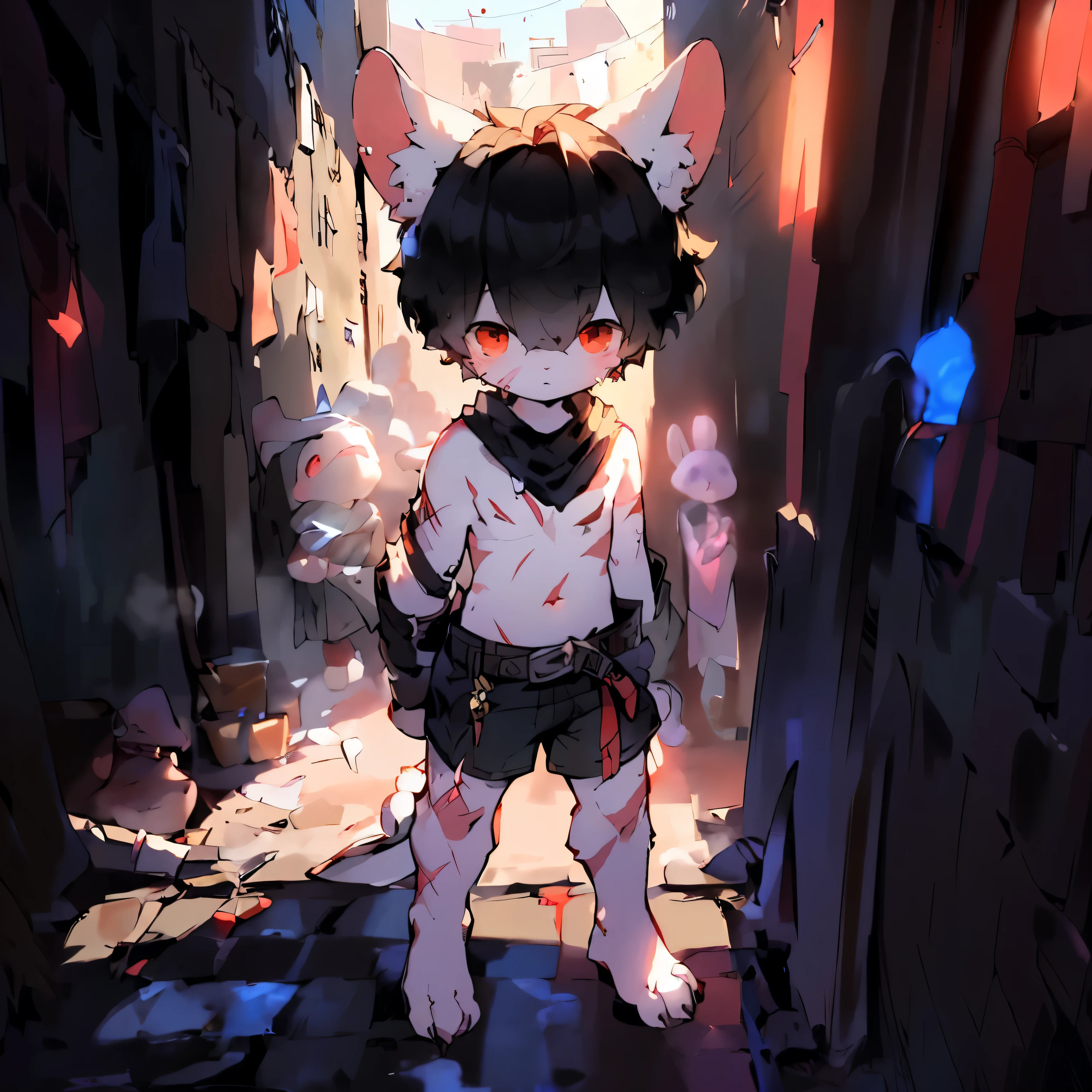 best quality,masterpiece,((the only person)),((my own)),hairy,Kanno,shorts,sock,belt,leg rings,(short),(),((straight ear)),((black hair,no ears,Rabbit facial features,Rabbit physical characteristics)),red eyes,Shota,juvenile(rabbit tail),so cute,kawaii,(chocolate belly),(Chocolate body hair,chocolate legs),(Rabbit feet),alley,sickle,dagger,scar,Covered in bruises,paw,Upholstered,hand weapon