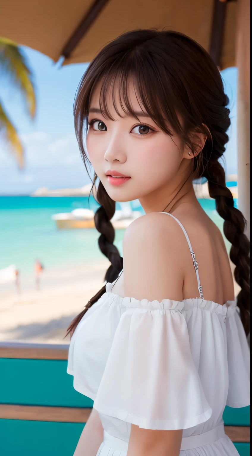 advanced details premium quality 4K high resolution, cute magical girl, big eye, thin lips, braided, standing, sunny beach
