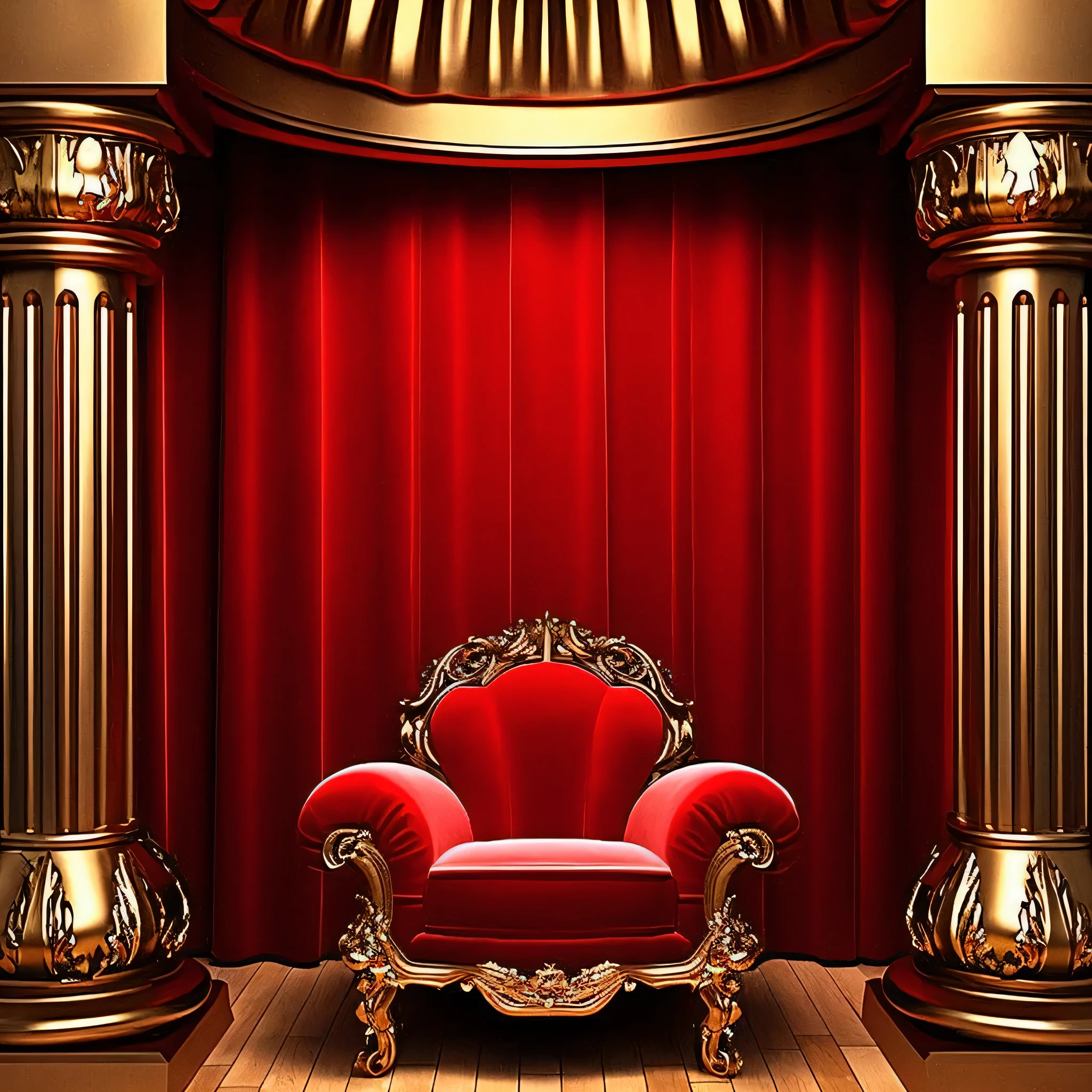 a close up of a red chair in a room with columns, golden throne, gold throne, sitting in a gilded throne, sitting on a golden throne, sitting on golden throne, exquisitely designed throne room, throne, decadent throne room, throne room, red curtains, in a throne room, sitting on an ornate throne, red curtain, sitting on an royal throne