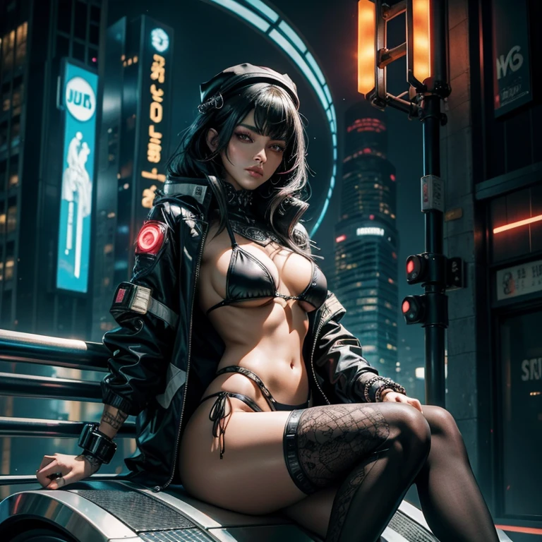 Meet Aisha, a striking beauty with captivating large eyes and medium-length, wavy black hair. She confidently showcases her radiant skin in a cyberpunk-inspired micro bikini, complete with bold colors and intricate patterns. Atop her head sits a sleek cap, shielding her gaze from the dazzling neon-lit cityscape surrounding her. Her legs are wide open, adding to the allure and mysteriousness of her aura as she effortlessly traverses this trend-setting world. (Ultra Detailed, 16k)