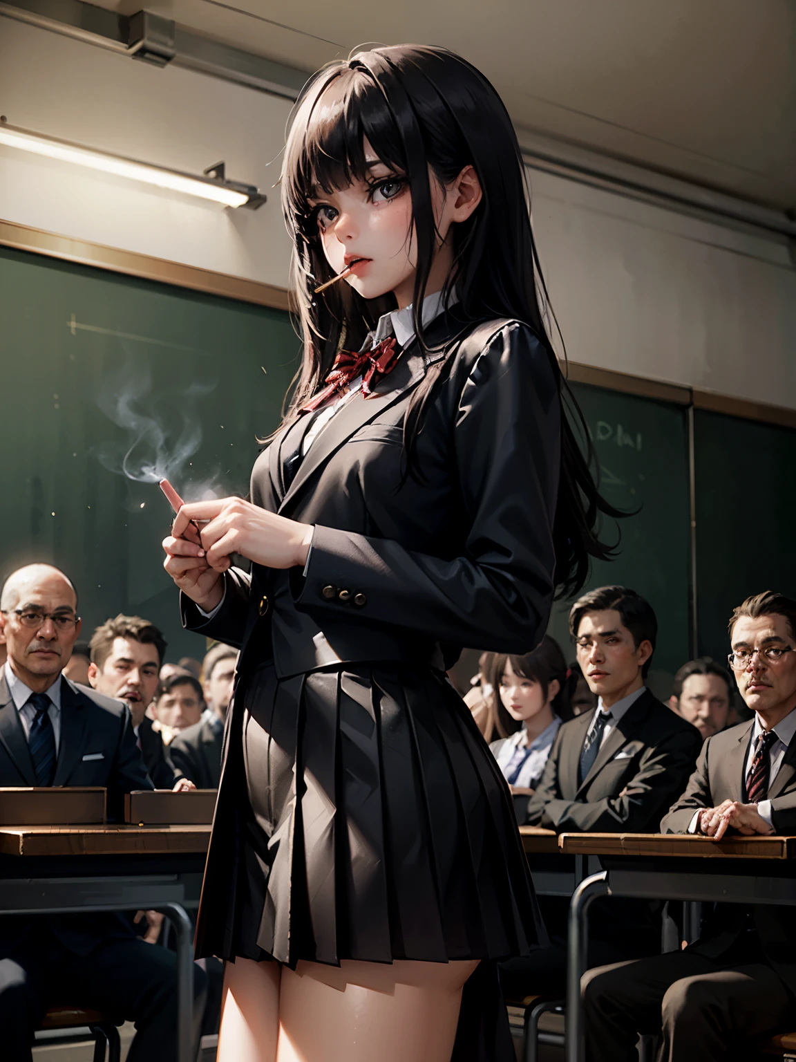 Angry young girl in school girl uniform at the end of a big table surrounded lots of men in black suits who are at the table drinking and smoking with guns & weapons.