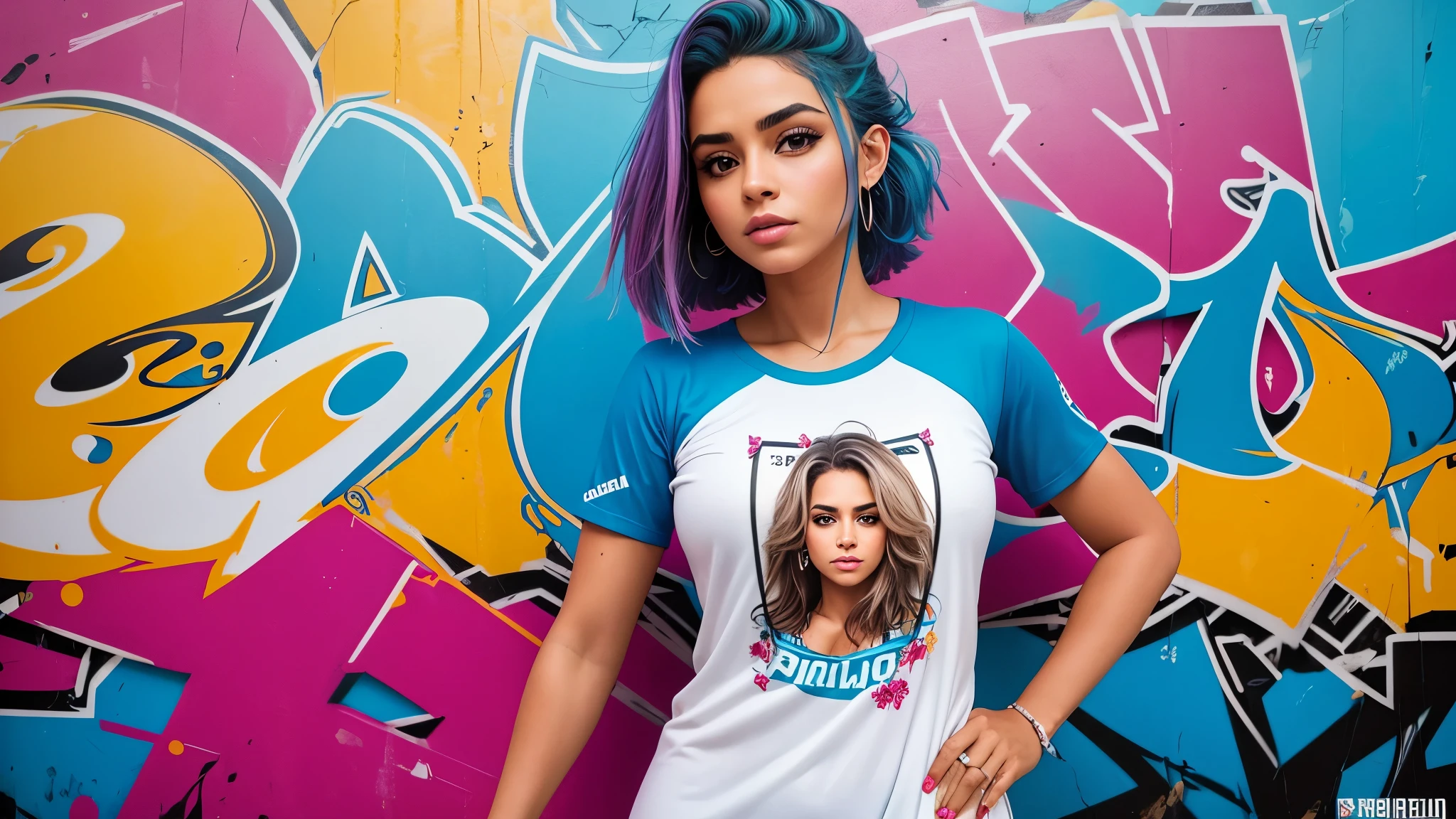 PRISCILA_HUGGINS_beautiful::J ::2.0 , mulher bonita com cabelo longo ultra detalhado, (fundo bonito e claro:1.2), fantastic , estilo graffit;, , , , estilo graffit;, flor, olhos altamente detalhados , uma camiseta ou vestido com uma blusa branca por baixo