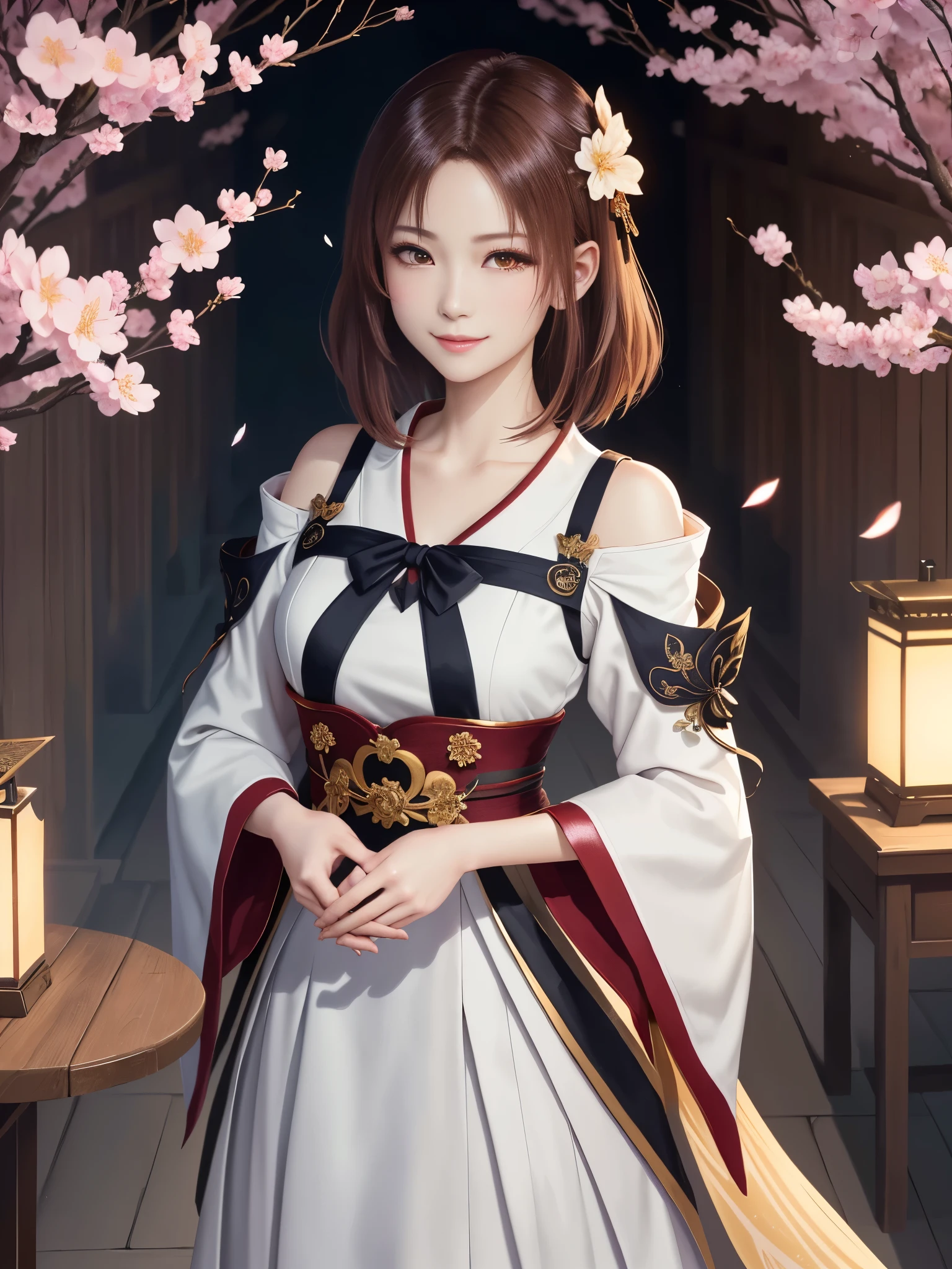 masterpiece , best quality,close up of face,smile,the whole body is facing forward,shoulder exposure,bright brown hair,slender body shape,brown eyes,sharp contrast,short hair,美しいフォルムのshort hair,just one person,precision quality,Faithfully reproduced eyes, 一面に咲くcherry blossom background,masterpiece, 幻想的なcherry blossom background,cherry blossom background,beautiful details, colorful, delicate details, delicate lips, intricate details, genuine, ultrargenuineista, 枝に座っている色とりどりの髪のFoxを持つ女の子:Mature, bright eyes, ,色とりどりのFox, raposa de nine tails, 三尾Fox, 三尾Fox, onmyoji detail art, beautiful fine art illustration, mythical creatures, Fox, beautiful digital art,shrine maiden,hold hands,exquisite digital illustration, mizutsune, Inspired by mythical wild web creatures, pixiv in digital art, shining light, high contrast, Mysterious,