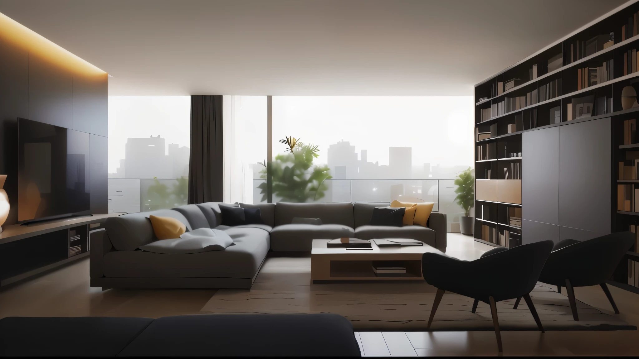 there is a large living room with a couch and a book shelf, architectural visualization, living room, detailed architectural visualization render, Inside modern apartment, 大气rendering, 逼真的rendering, modern living room, sparse field, Floor-to-ceiling windows, 高度摄影rendering, rendering, interior architectural landscape, cozy contemporary living room, city apartment