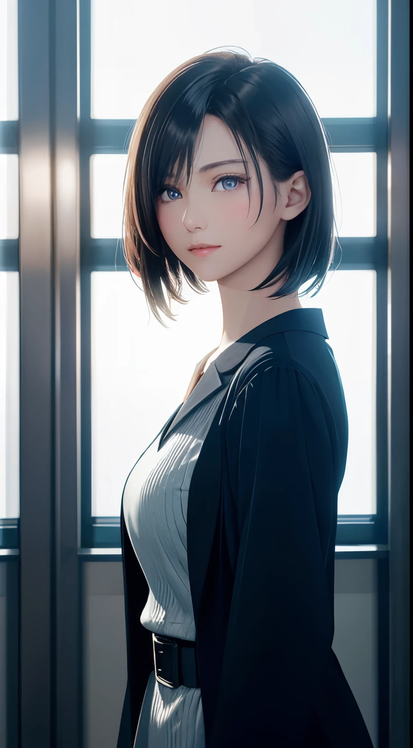 highest quality, ultra high resolution, (realistic: 1.2), beautiful Eyes, very short hair, beautiful,Working on the 6th floor of Akasaka Building、 perfect style, perfect balance, fine skin、looking at the camera,face focus,Backlight
