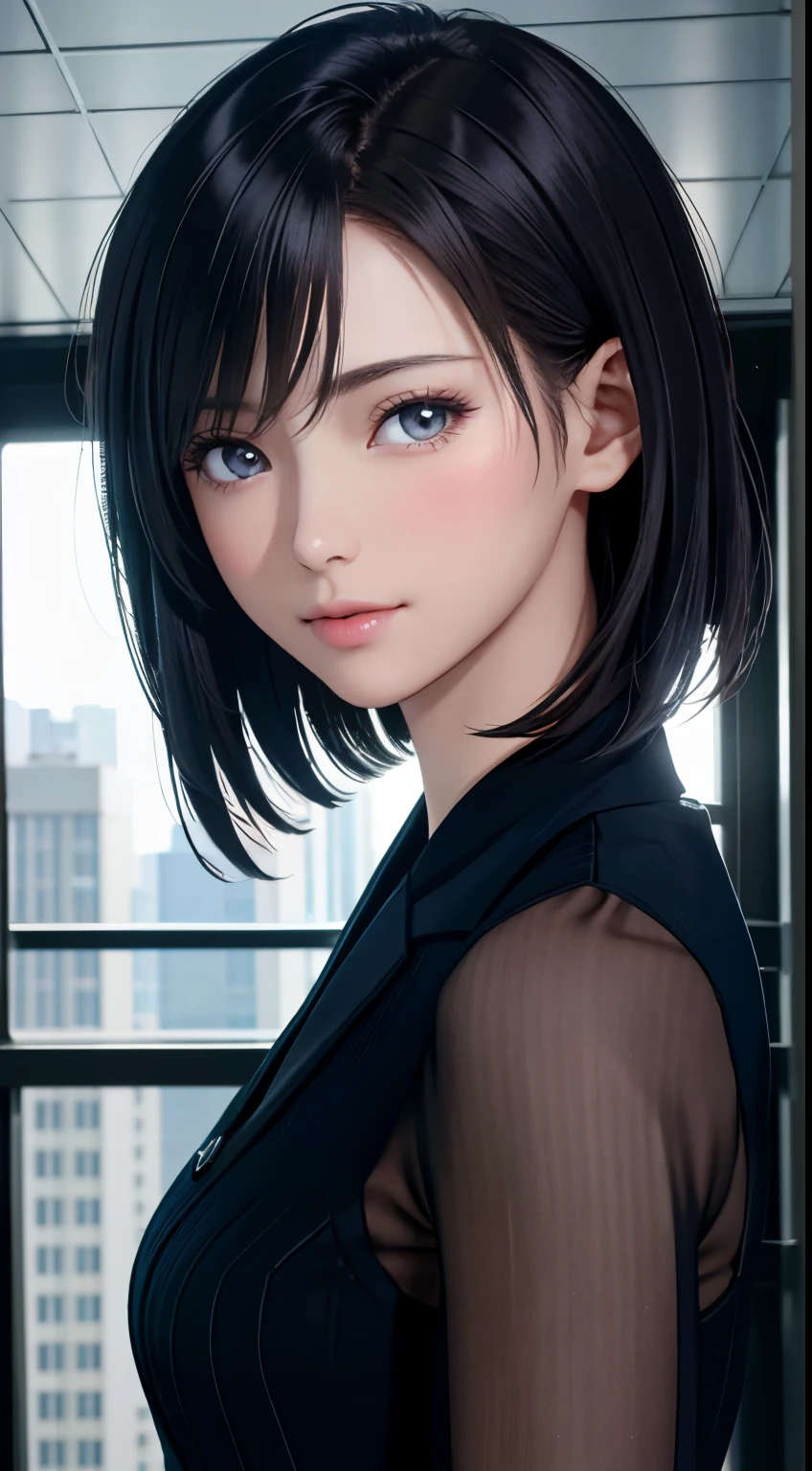 highest quality, ultra high resolution,  beautiful Eyes, very short hair, beautiful,Working on the 6th floor of Akasaka Building、 perfect style, perfect balance, fine skin、looking at the camera,face focus,Backlight