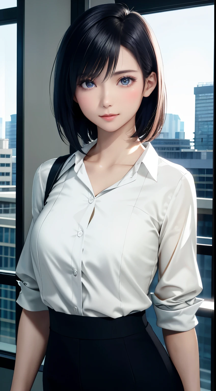 highest quality, ultra high resolution, (realistic: 1.2), beautiful Eyes, very short hair, beautiful,Working on the 6th floor of Akasaka Building、 perfect style, perfect balance, fine skin、looking at the camera,face focus,Backlight