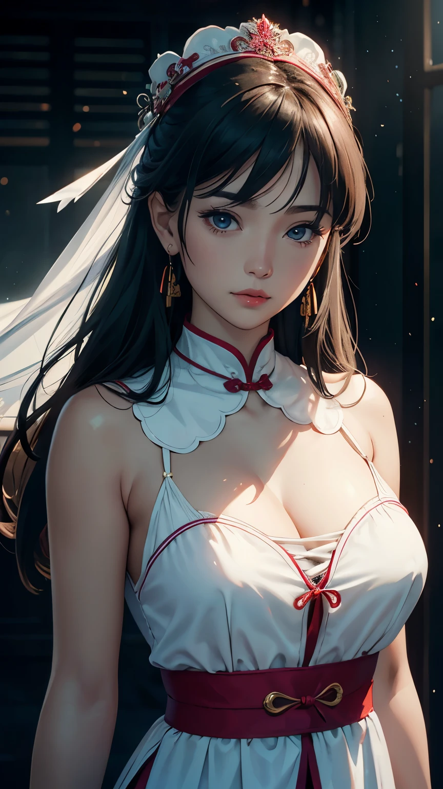 Best Quality, Masterpiece, Hi-Res, One Girl, Cheongsam, Headwear, Necklace, Jewelry, Beautiful Face, upon_body, Tyndall Effect, Photorealistic, Dark Studio, Rim Lighting, Two-Tone Lighting, (High Definition Skin: 1.2), 8k uhd, dslr, soft lighting, high quality, volumetric lighting, candid, photography, high resolution, 4k, 8k, bokeh,