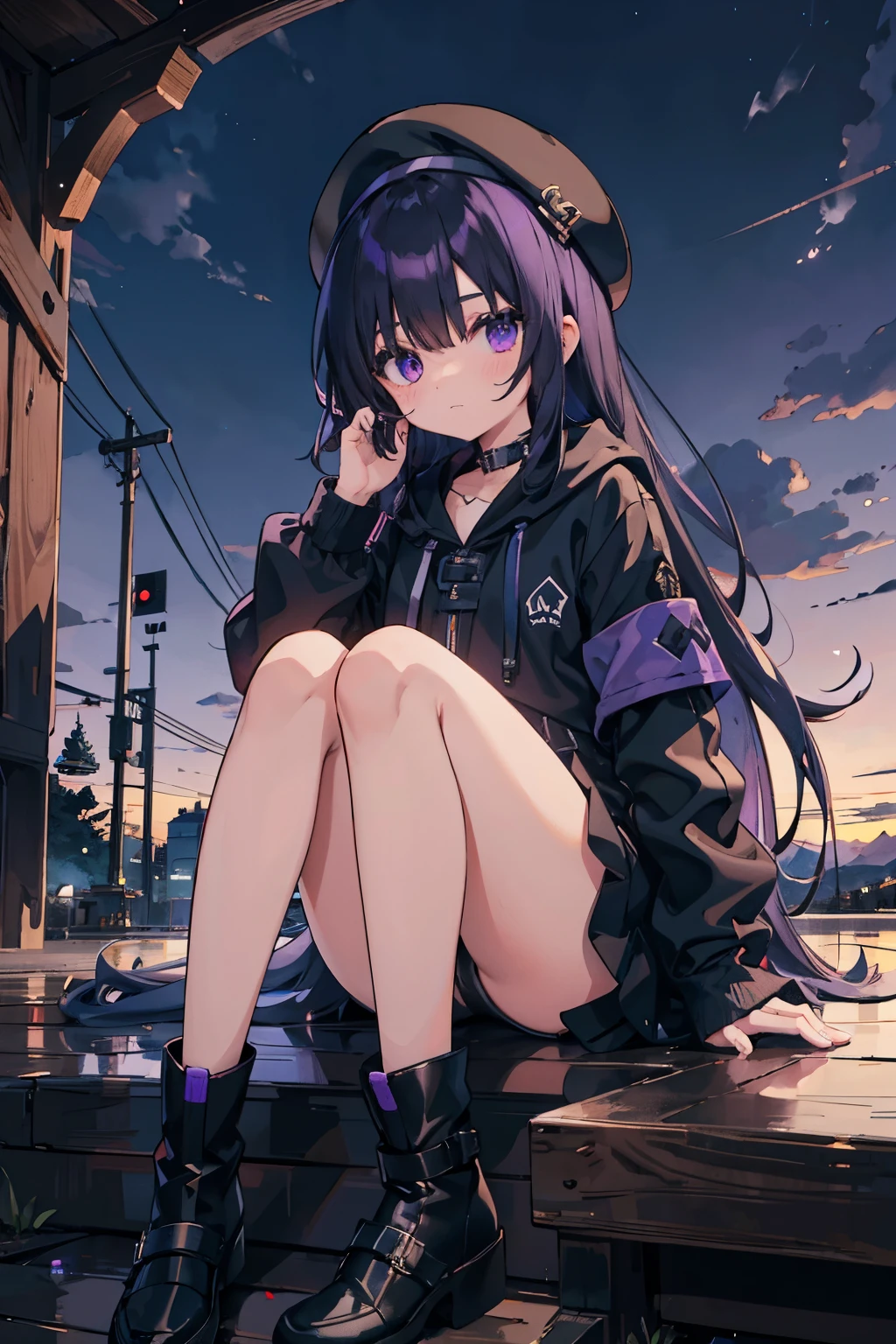 （masterpiece）Black and purple hood scenery black long hair black and purple boots playing harmonica bare legs dusk beret