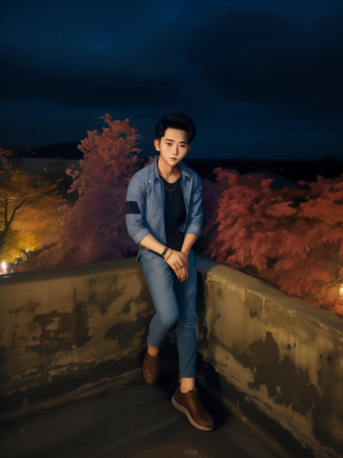 RAW photo, a portrait photo of 21 y.o man in casual clothes, night, city street, (high detailed skin:1.2), 8k uhd, dslr, soft lighting, high quality, film grain, Fujifilm XT3