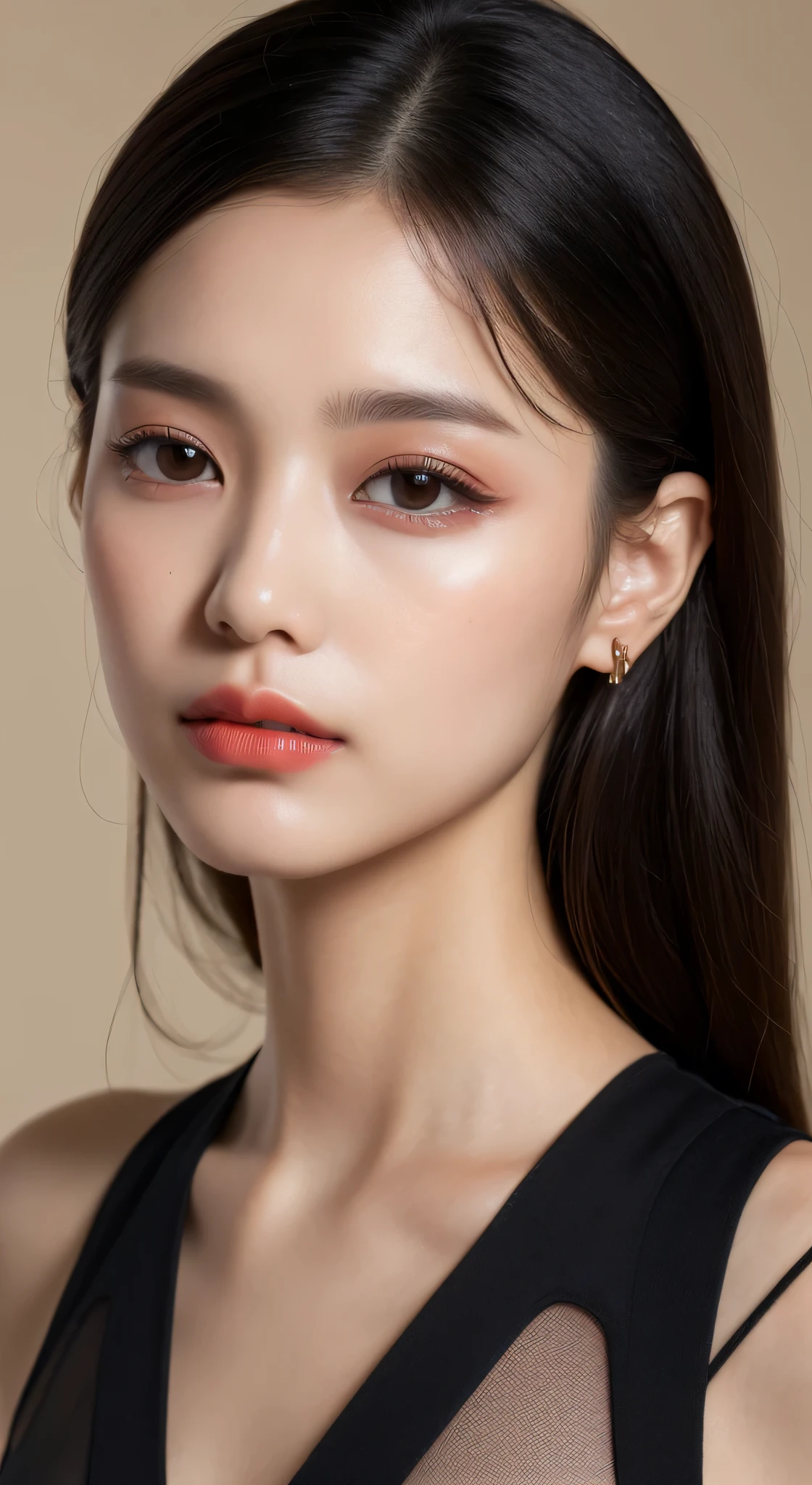 ((best quality, 8k, masterpiece :1.3)), sharp focus :1.2, Chinese artist. Zhang Xinyu. ((Zhang Xinyu. 24 years old)) Body. thin. Slim. charming. ((face with makeup. dark orange lipstick)) long thin straight black hair long

Strapless Tube Mini Dress)) and show your ears. in front of camera. ear texture. Ear hole detail. actual. Close-up of the ears. at close range. Shot from the side_ Mix 4, 20 days, alone, lifelike:1.37