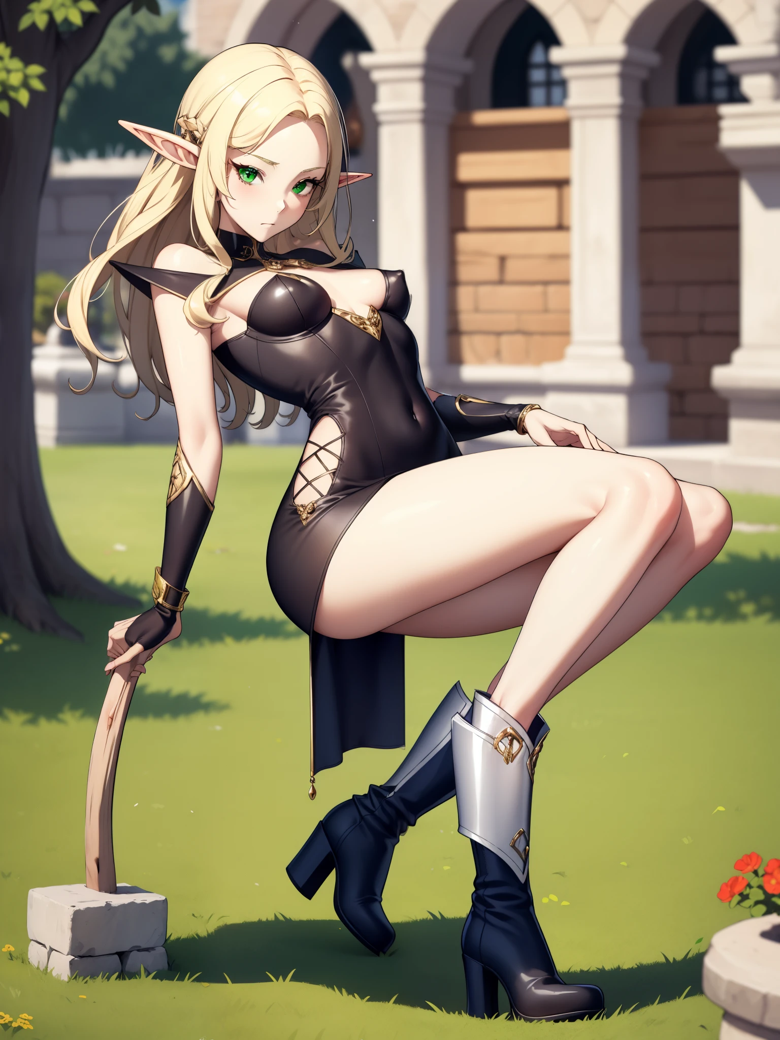 slim and beautiful elf woman, blonde hair, green eyes, slim body, small breasts, long legs, tight dress, high boots, 8k, hd, master piece, full body