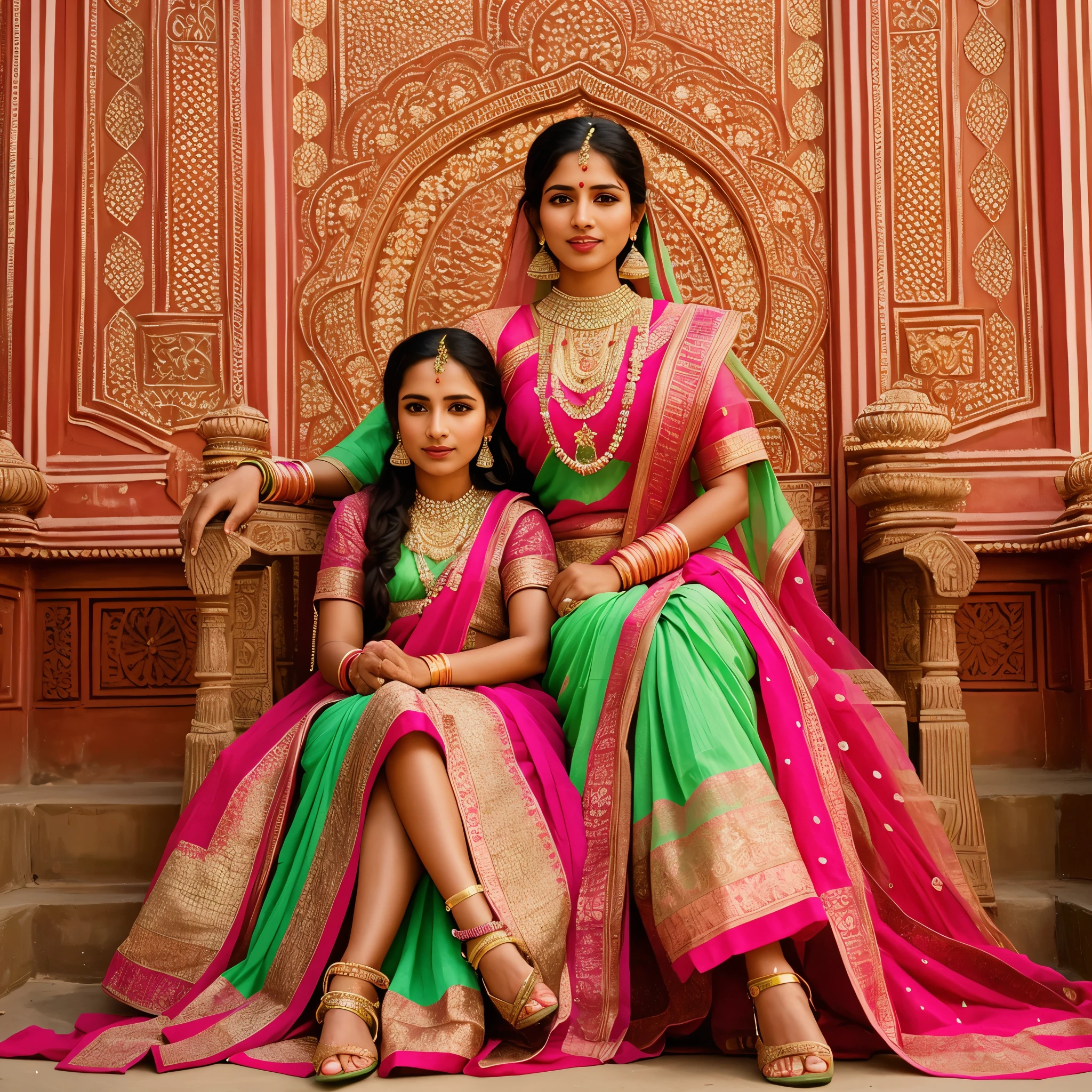 two women in colorful saris sitting on a bench in front of a wall, draped in fleshy green and pink, photo taken with nikon d750, photo taken with nikon d 7 5 0, green and pink, pink and green, draped in pink and green robes, green magenta and gold, traditional clothing, photo of a beautiful, advertising photo