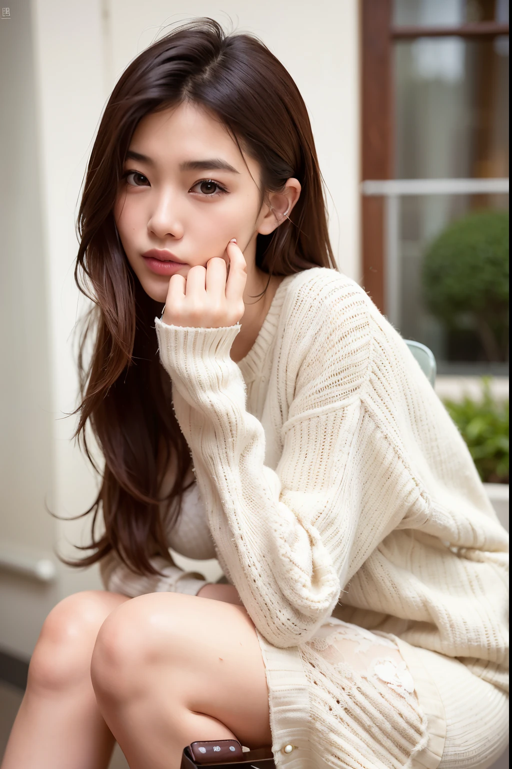 a lady sitting on a stool,Close-up of hands on chin, Bae Xiuzhi, Beautiful young Korean woman, Korean female fashion model, Beautiful young Korean woman, korean girl, beautiful asian girl, white sweater, young cute girl, Beautiful girl model, Urzan, Dilireba, lovely young woman, Beautiful model girl。Carrying a DIY bag made from discarded jeans