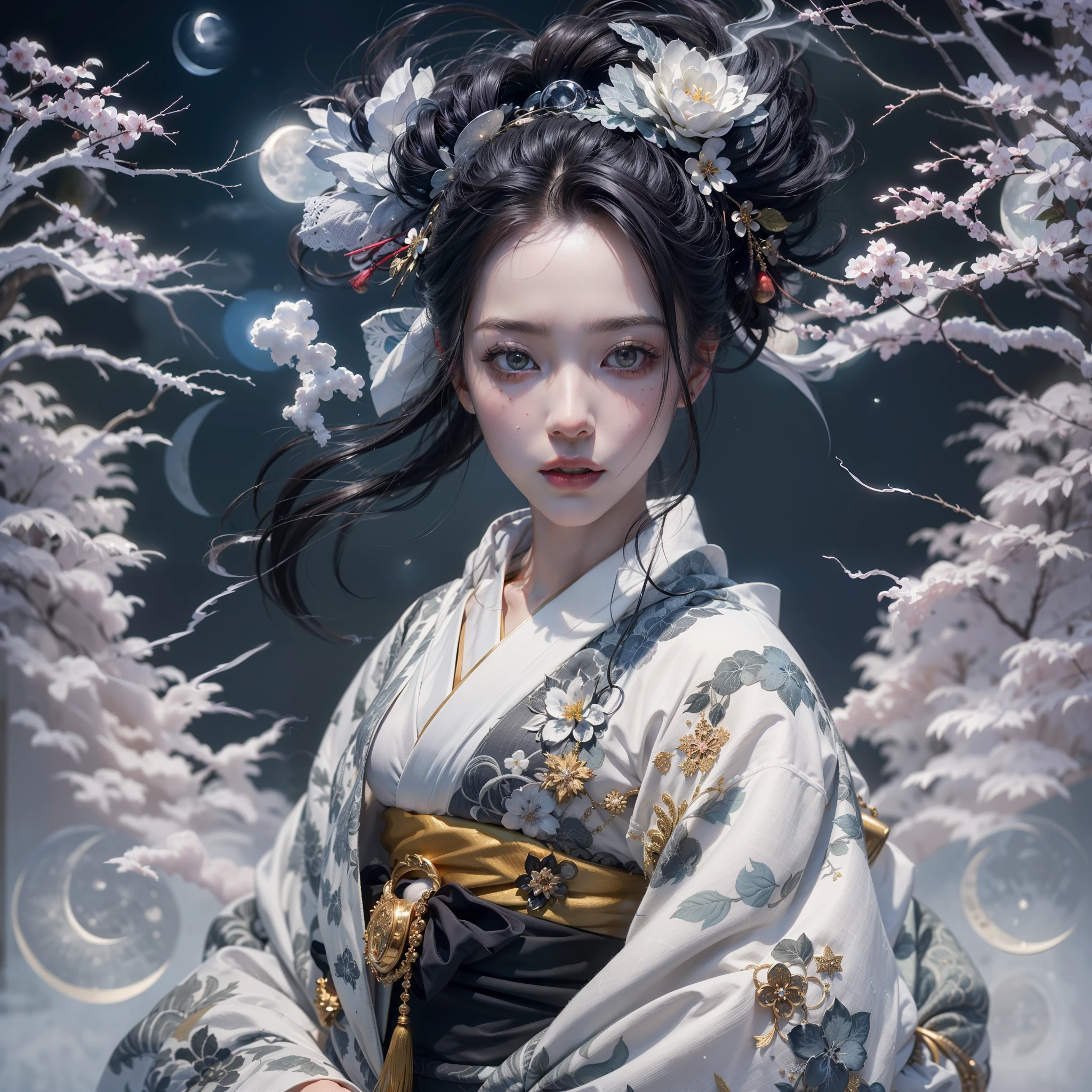(Award-winning masterpiece, incredibly detailed, textured and maximally detailed), (Full body standing image:1.9), (Surrealistic:1.4), (Stunningly anatomically perfect and beautiful style:1.9), (Yuki-onna in Japanese folk tales:1.6)(precise perfect circle, symmetrical jet-black eyes), (detailed and breathtakingly beautiful face:1.6), (image of aesthetic and decadent atmosphere:1.7), (full-body standing image:1.9), (calm white old Japanese kimono covering the whole body is damaged in some places, elegantly and delicately patterned:1.8), (colorful white kimono in Japanese folk tales:1.8), (beautiful skin and face:1.6), (beautiful, windswept glossy hair:1.8), (Oiran's Hyogomage:0.6), (wearing decadent, delicately made accessories:1.8), (depraved beauty:1.6), (jet black eyes that seem to glow strongly from within:1.7), (Full Length Standing Image:1.9), (Less Skin Exposure:1.5), (Strong Moonlight Overhead:1.7), ((Dramatic Photo)), ((Cinematic Light)), (Looking Up), (Looking Down), (Dramatic Pose), (Smoke Effect and Enchanting Light:1.4), (Bamboo Thicket at the Back:0.3), Amida Hall in the back, vermilion torii gate, wind effects, swirling snow, winter storm, (fog drifting:1.3), blizzard ice field, quiet snowfield on moonlit night, snowy city at midnight, (full body standing image:1.9), (dark night, night with full moon, crescent moon), grand realistic, faded, ((neutral colors)), art, (HDR:1.5), (subdued colors:1.2), highly detailed, (art station:1.5), cinematic, warm light, light effects, dramatic light, (complex details:1.1), complex background, (greg latkowski:0.8), (teal and orange:0.4)