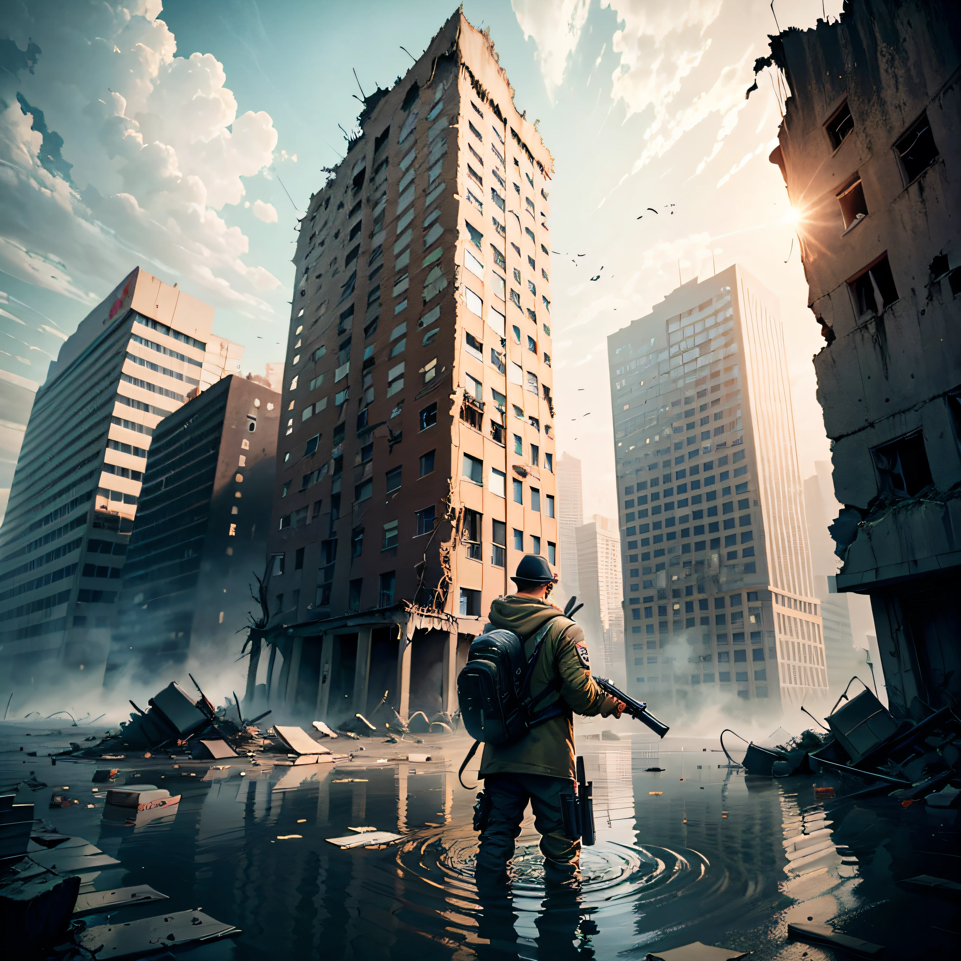 Post-apocalyptic jungle-covered ruins, man holding gun, destroyed buildings, Submerged – Automatic