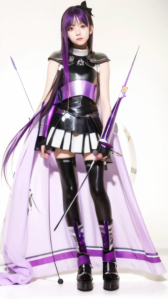 a drawing of a woman in a purple outfit holding two swords, sao style anime, inspired by Jin Homura, anime girl with a bow and arrow, clear outfit design, sleek purple armor, full body white purple cloak, by Jin Homura, anime style like fate/stay night, purple armor, anime goddess, concept art of comiket cosplay, knights of zodiac girl