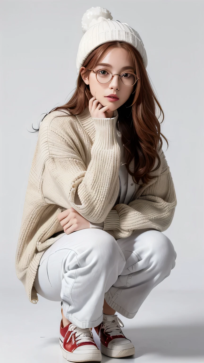 (highest quality, High resolution, masterpiece :1.3), beautiful adult woman, ((pure white background)), (Wearing an oversized khaki jacket, wearing a white shirt, Wearing wide denim pants, wear sneakers, wearing a knitted hat, round glasses), (Loose wavy red bob hair), ((Accurately express details such as faces and skin textures)), squatting pose, avert your eyes,