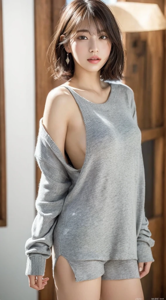 (8k, RAW photo, highest quality, masterpiece: 1.2), super detailed, super resolution, (genuine, genuine photos: 1.37), portrait, High-definition RAW color photo, professional photos, 非常に詳細で美New, very detailed, 8k wallpaper, amazing details, huge file size, official art, very detailed CG Unity 8k wallpaper, very detailed beautiful girls, very detailed faces, very detailed目, very detailed肌, very detailed指, very small nose, very detailed詳細な口, perfect anatomy, detailed background, fine clothes, one girl, (20:1.2), 20th generation, cute Girl, realistic body, , white skin, glowing skin, Because I'm slender, black hair, short hair, (dull bangs: 1.2), cute, like々New, かわいらNew顔, realistic face, delicate eyes, sale eyes, ( (long sweater)), ((no pants)), ((barefoot)), ((superior)), ((full body shot)), (No bra)))), earrings, looking at camera, cowboy shot, facing the front, standing posture, Contrasting, dynamic lighting, C cup,