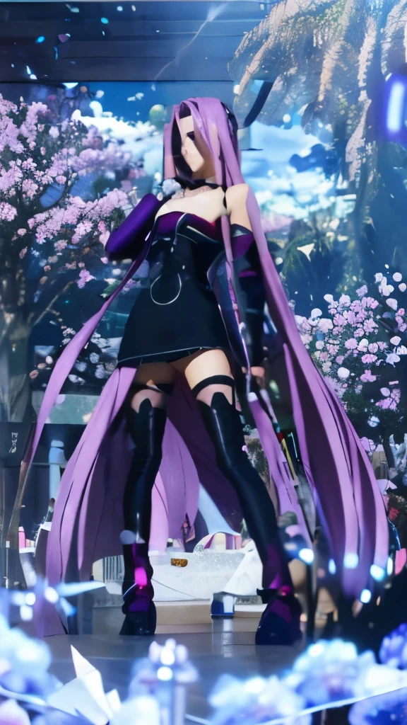 a woman in a black dress and purple hair standing in front of a tree, anime style like fate/stay night, anime goddess, gothic maiden anime girl, anime girl with long hair, female anime character, dark purple hair and cybernetics, anime character, fate / stay night, female action anime girl, fate stay night, anime girl wearing a black dress
